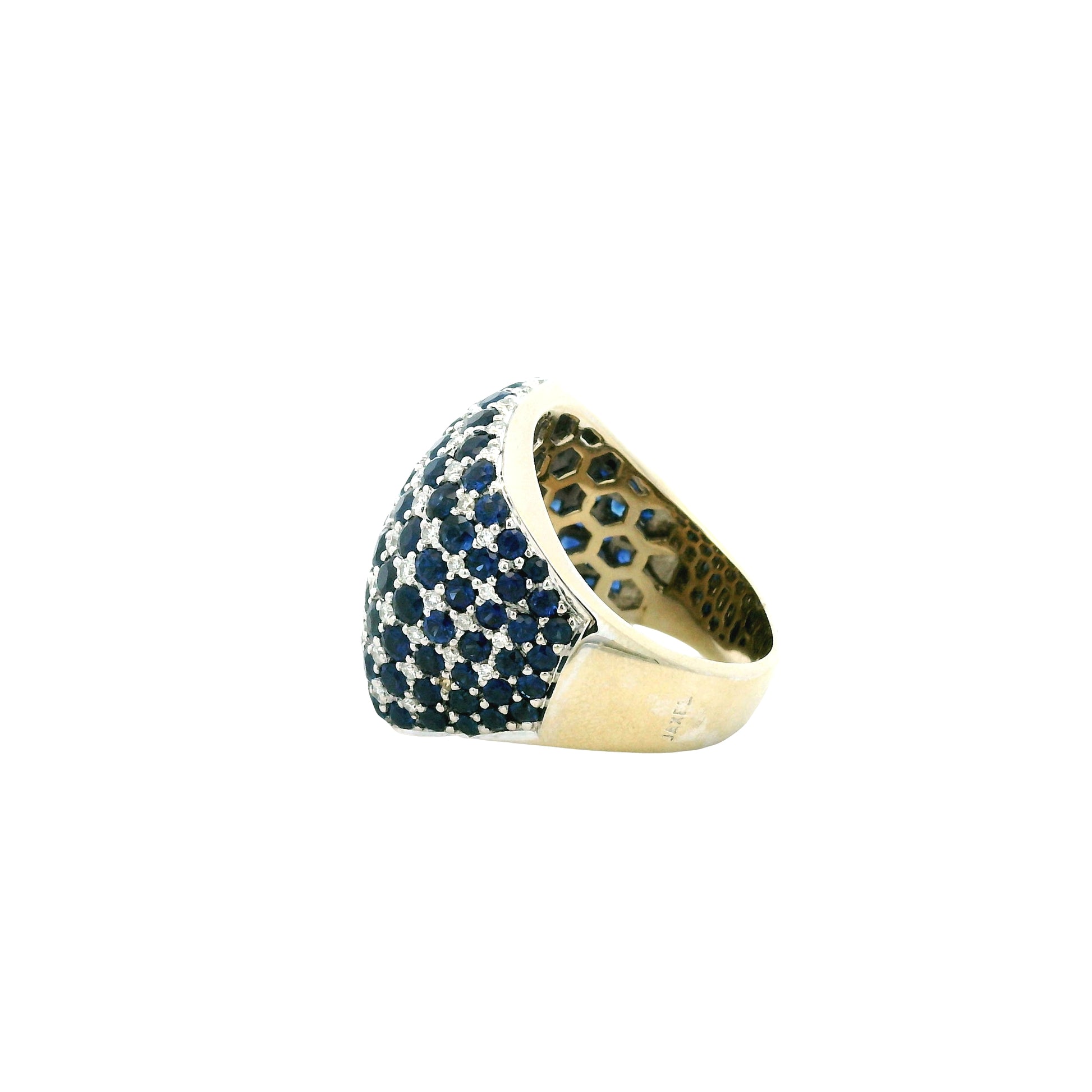 18k Two-Tone Gold 4.94ctw Sapphire and 0.72ctw Diamond Pavé Cocktail Ring — side profile showing the band