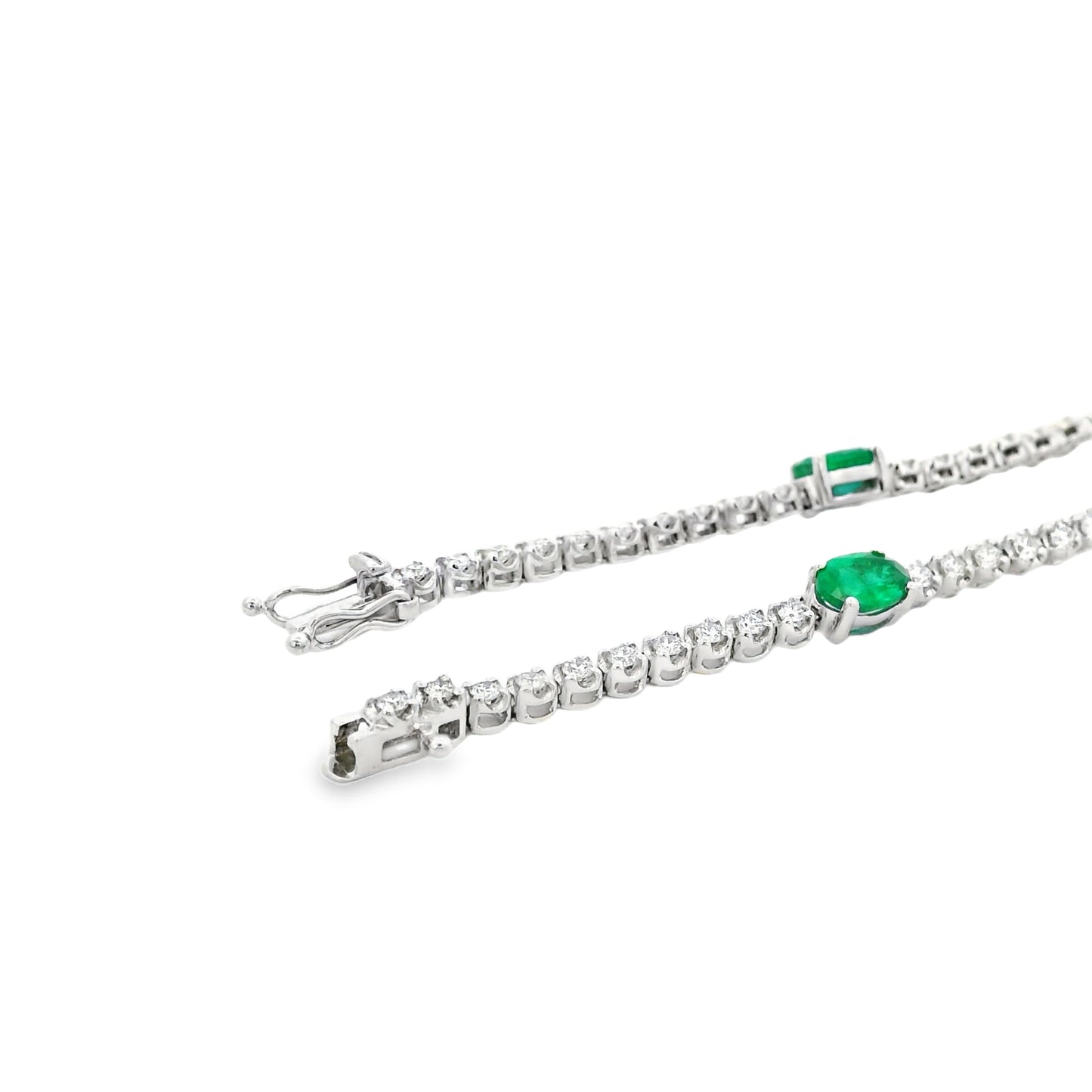 14k White Gold 5.88ctw Oval Emerald and Round Brilliant Diamond Tennis Bracelet — side profile