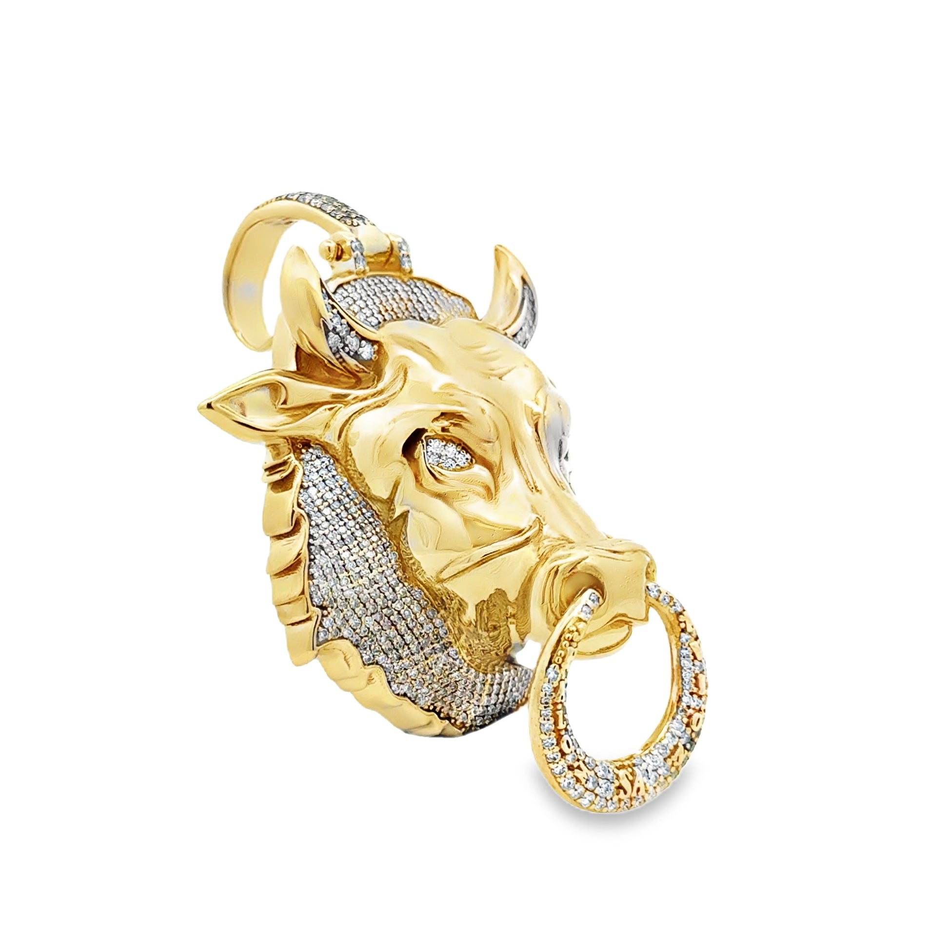10k Yellow & White Gold Two-Tone Bull Head Pendant with 4ctw Pavé Diamonds — side profile showing case thickness