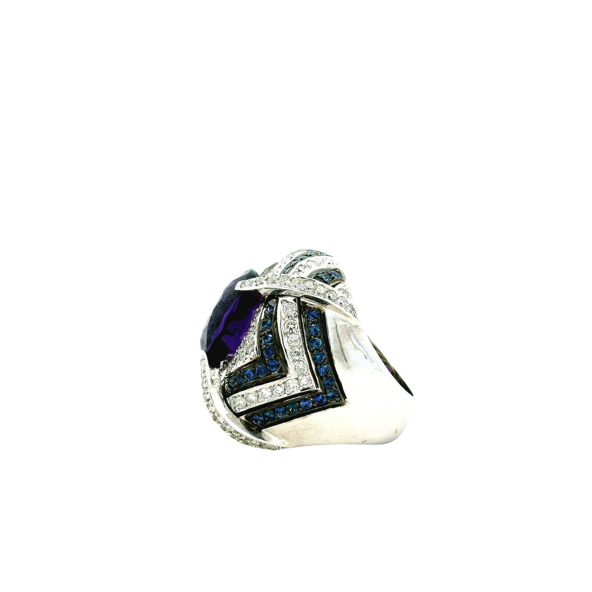 18k White Gold Amethyst and 3.00ctw Diamond Pavé Cocktail Ring — side profile showing the band