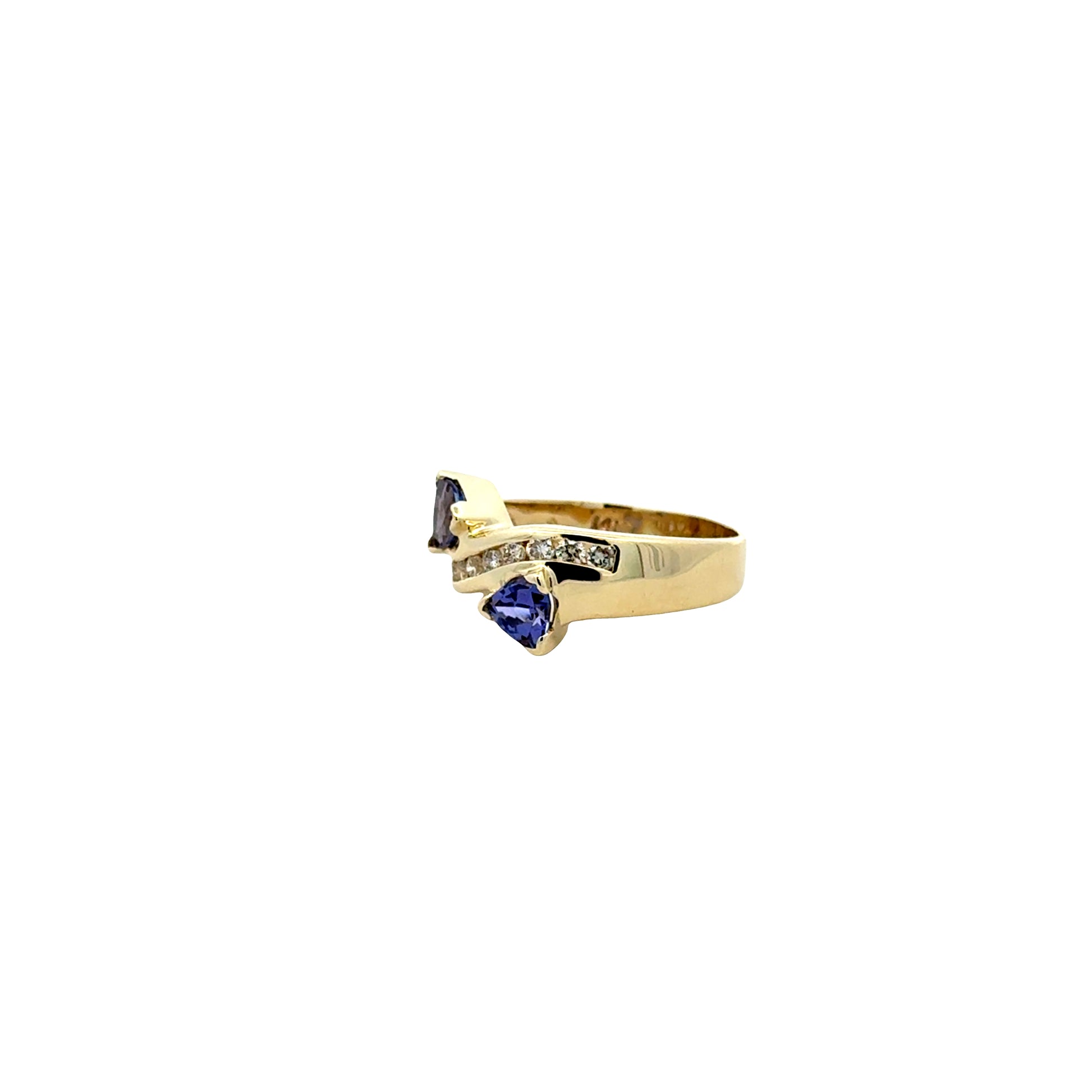 14k Yellow Gold Two-Stone Heart Tanzanite and 0.25ctw Diamond Ring — side profile showing the band