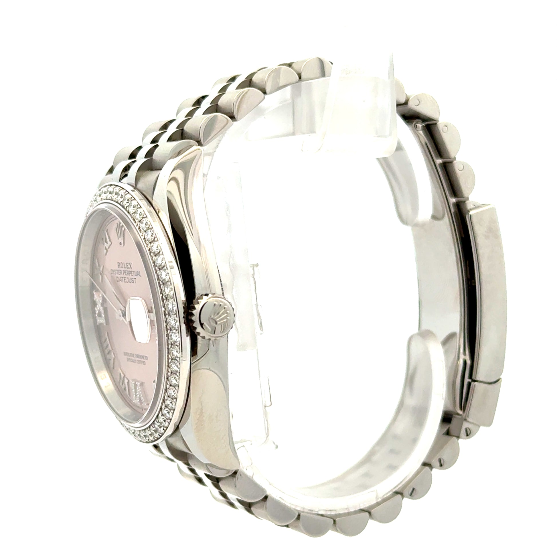 Rolex 126284RBR Datejust 36mm Pink Diamond Dial Diamond Bezel Jubilee Watch — side profile showing case thickness