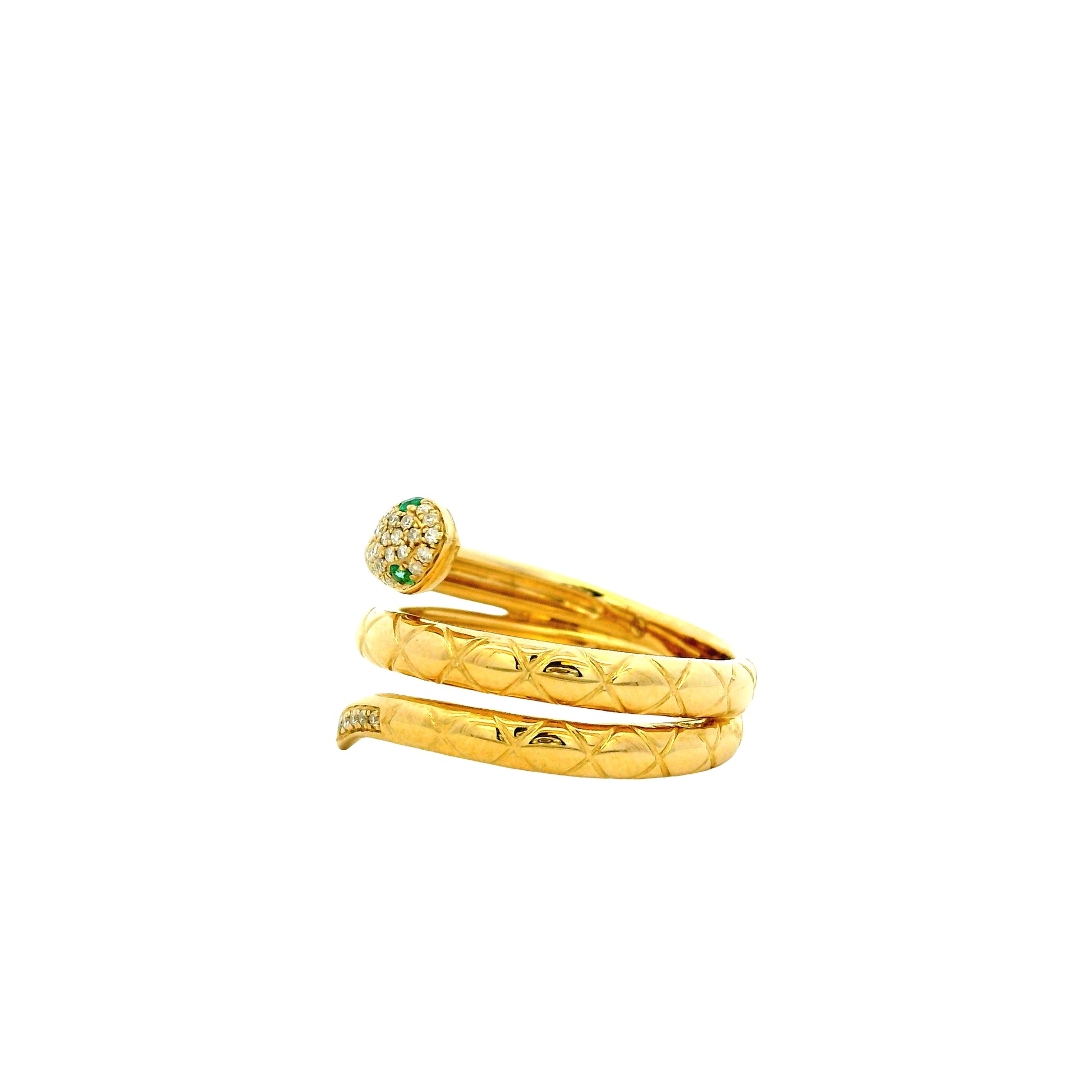 14k Yellow Gold 0.10ctw Diamond and Emerald Snake Wrap Ring — side profile showing the band