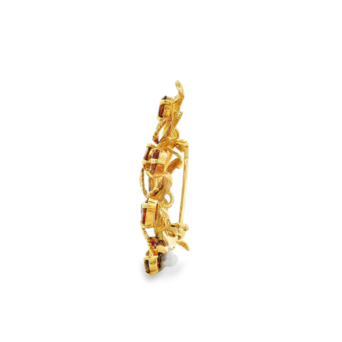 14k Yellow Gold Vintage Orange Gemstone Branch and Leaves Brooch Pin — side profile showing the band