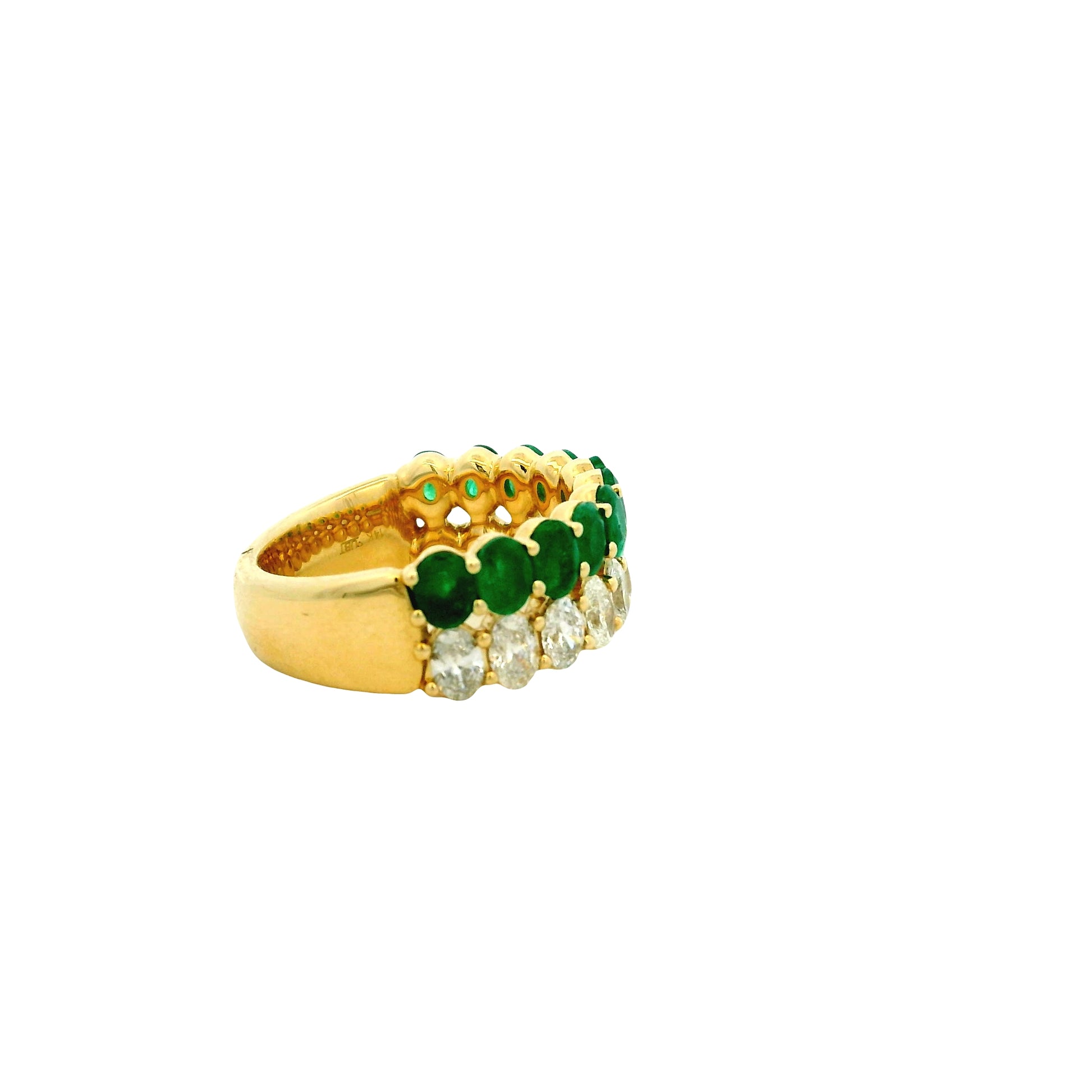 14k Yellow Gold 1.52ct Oval Diamond and 1.85ctw Emerald Two-Row Cocktail Ring — side profile showing the band