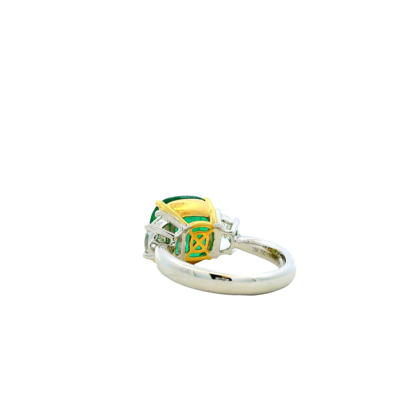 Platinum & 18k Yellow Gold 5.90ct Cushion Cut Vivid Green Emerald and Diamond Three-Stone… — side profile showing the band