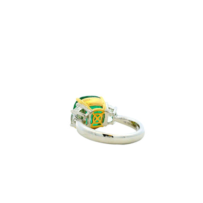 Platinum & 18k Yellow Gold 5.90ct Cushion Cut Vivid Green Emerald and Diamond Three-Stone… — side profile showing the band