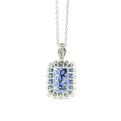 14k White Gold 13.50ct Emerald Cut Tanzanite & 2.54ctw Round Brilliant Diamond Halo Pendant Necklace — clasp detail
