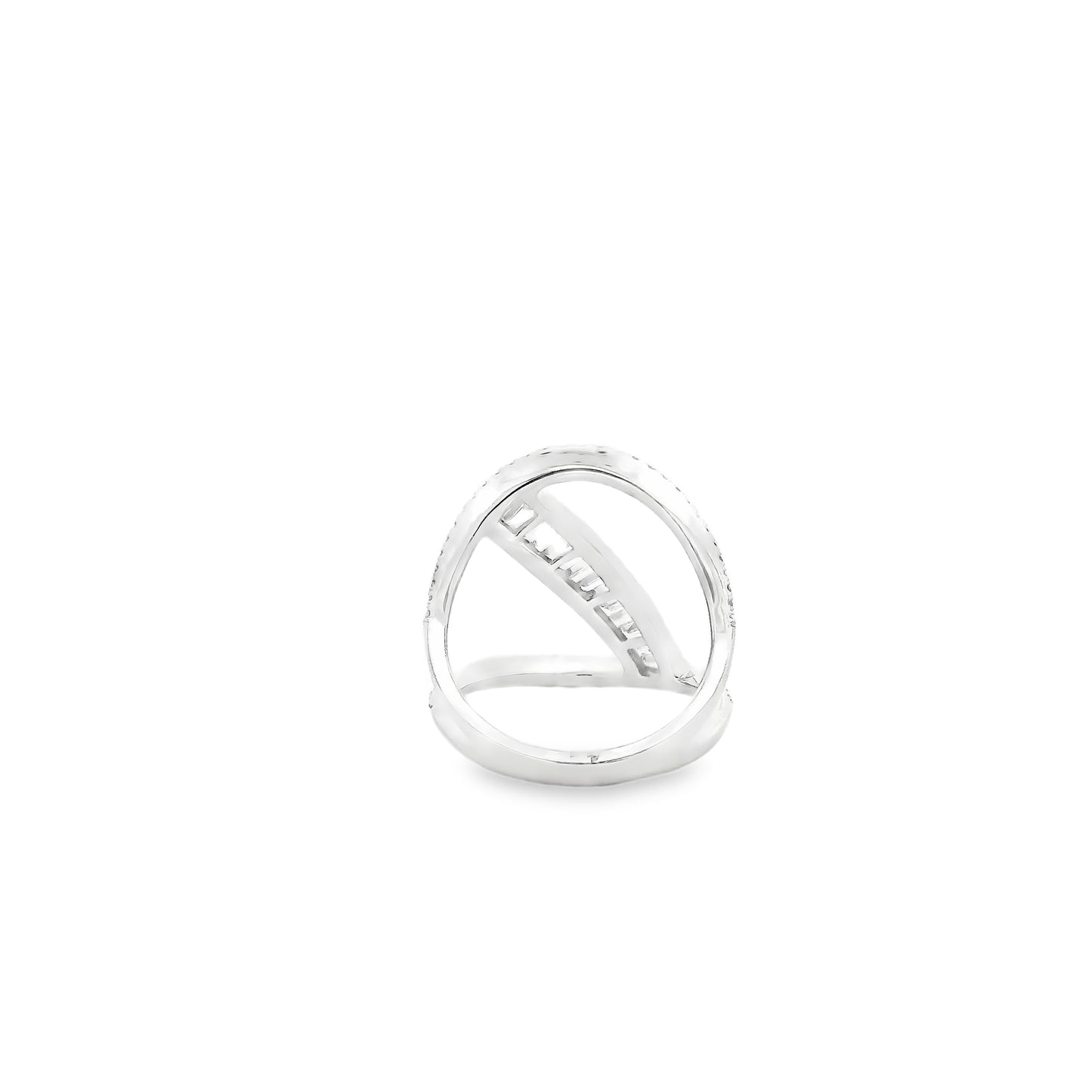 14k White Gold 0.90ctw Baguette and Round Brilliant Diamond Bypass Ring — side profile showing the band
