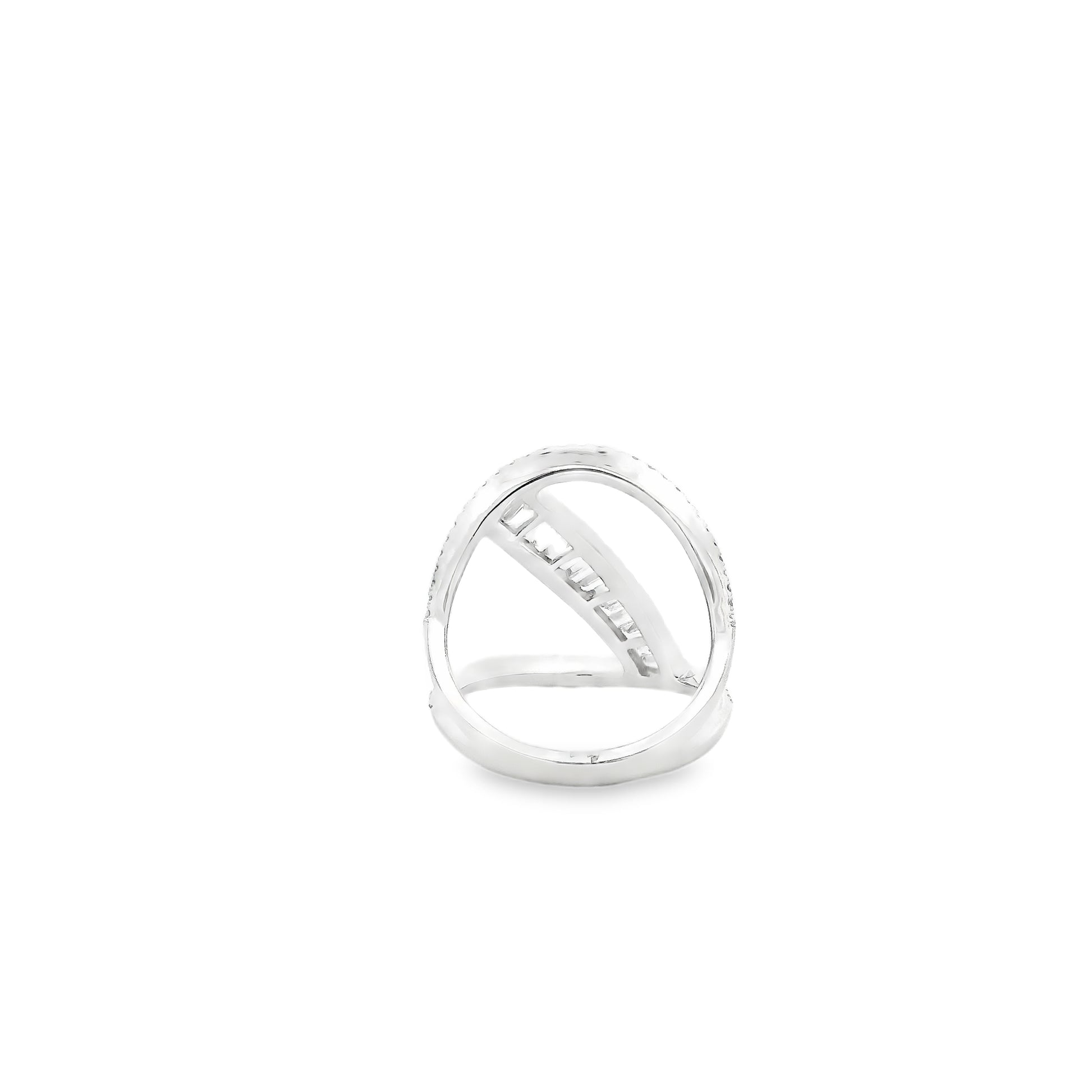 14k White Gold 0.90ctw Baguette and Round Brilliant Diamond Bypass Ring — side profile showing the band