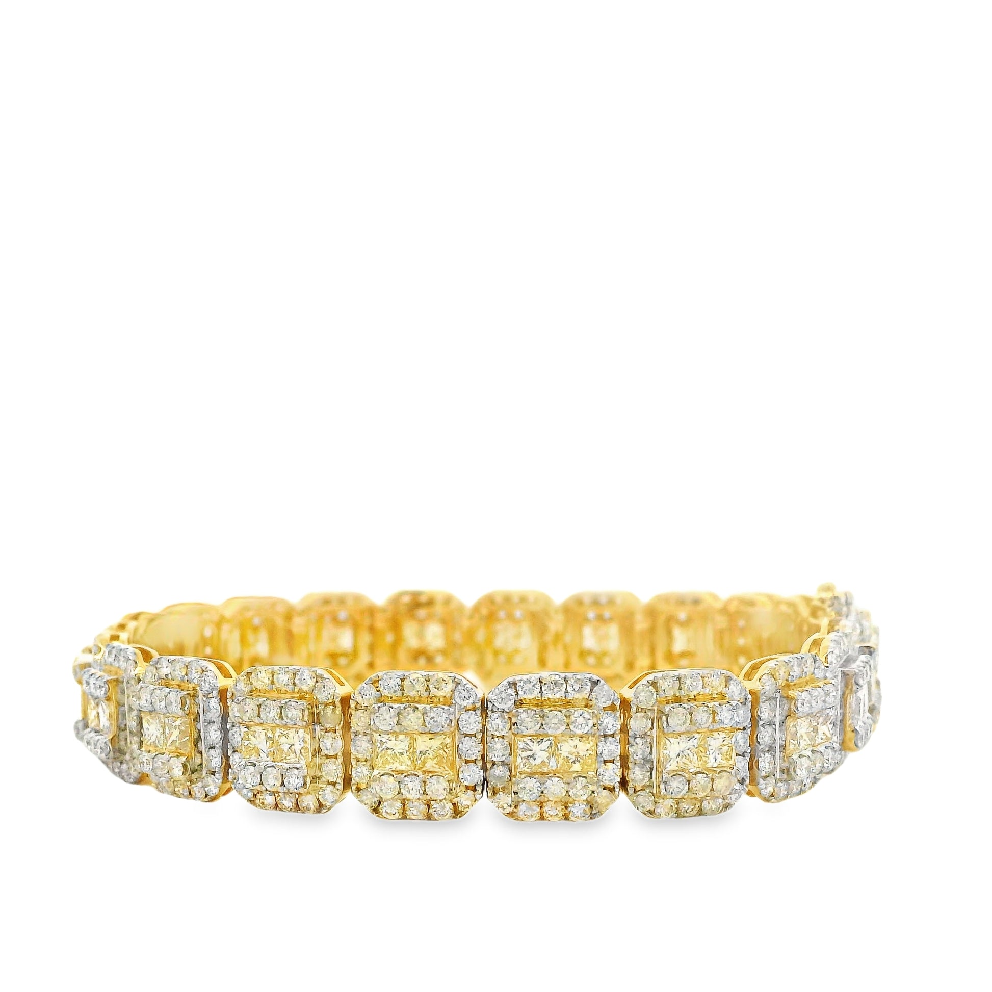 14k Yellow Gold 14.58ctw Princess Cut and Round Brilliant Diamond Cluster Tennis Bracelet — side profile