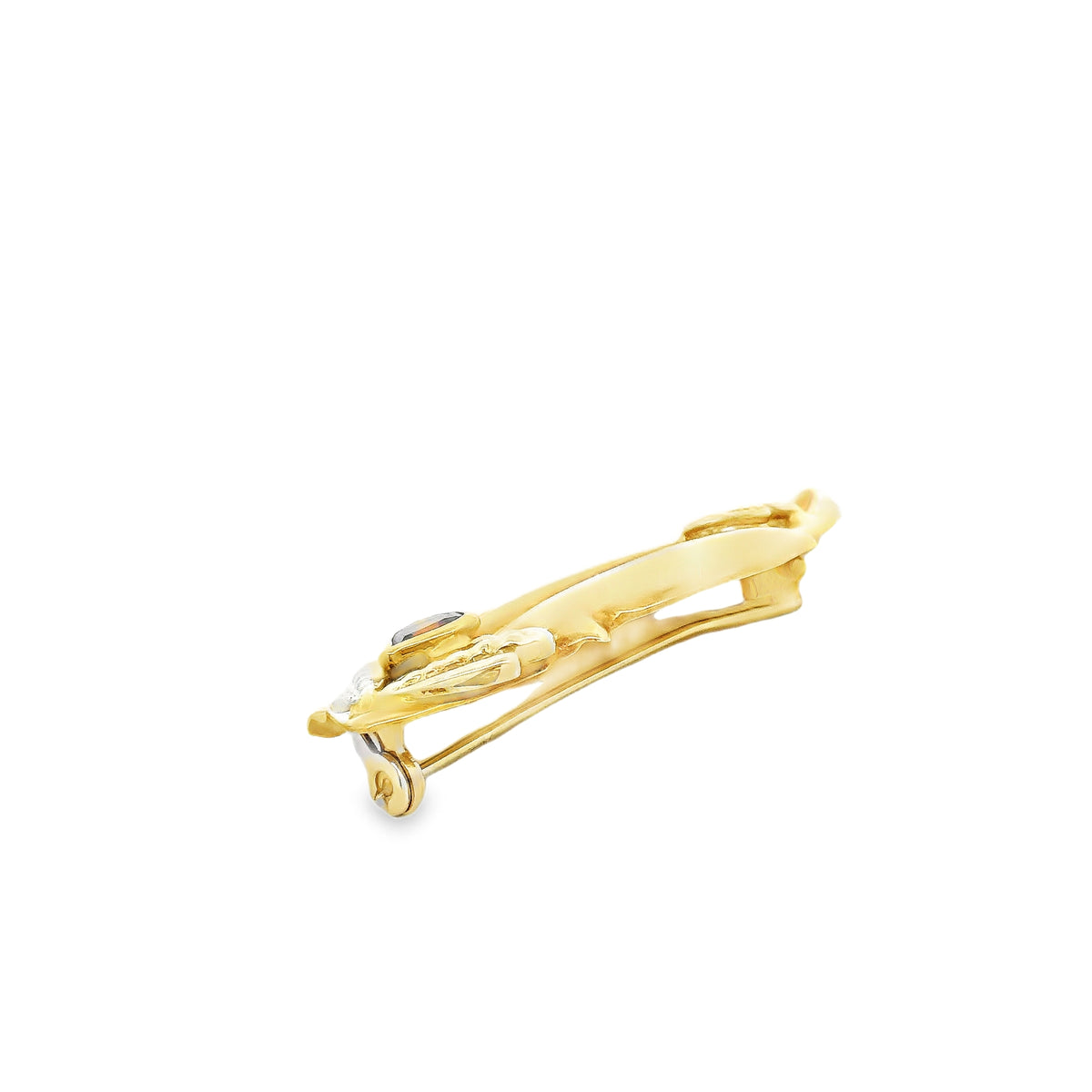 18k Yellow Gold Figural Bird Brooch with 0.27ctw Diamond and Red Stone Accent — side profile showing the band