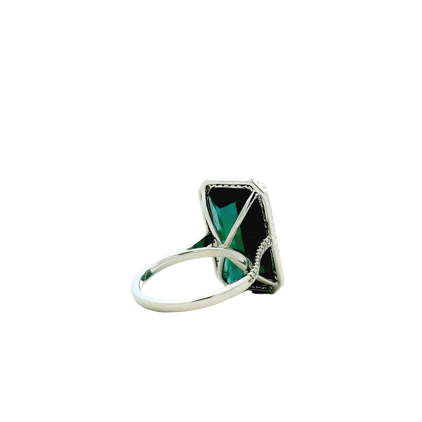 14k White Gold Blue Tourmaline and 0.34ctw Diamond Halo Ring — side profile showing the band