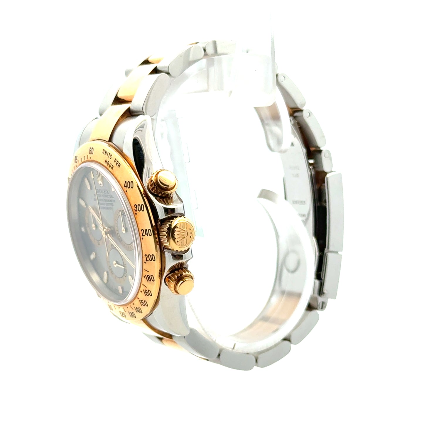 Rolex 116523 Daytona 40mm Silver Dial Two-Tone Oyster Bracelet Watch — side profile showing case thickness