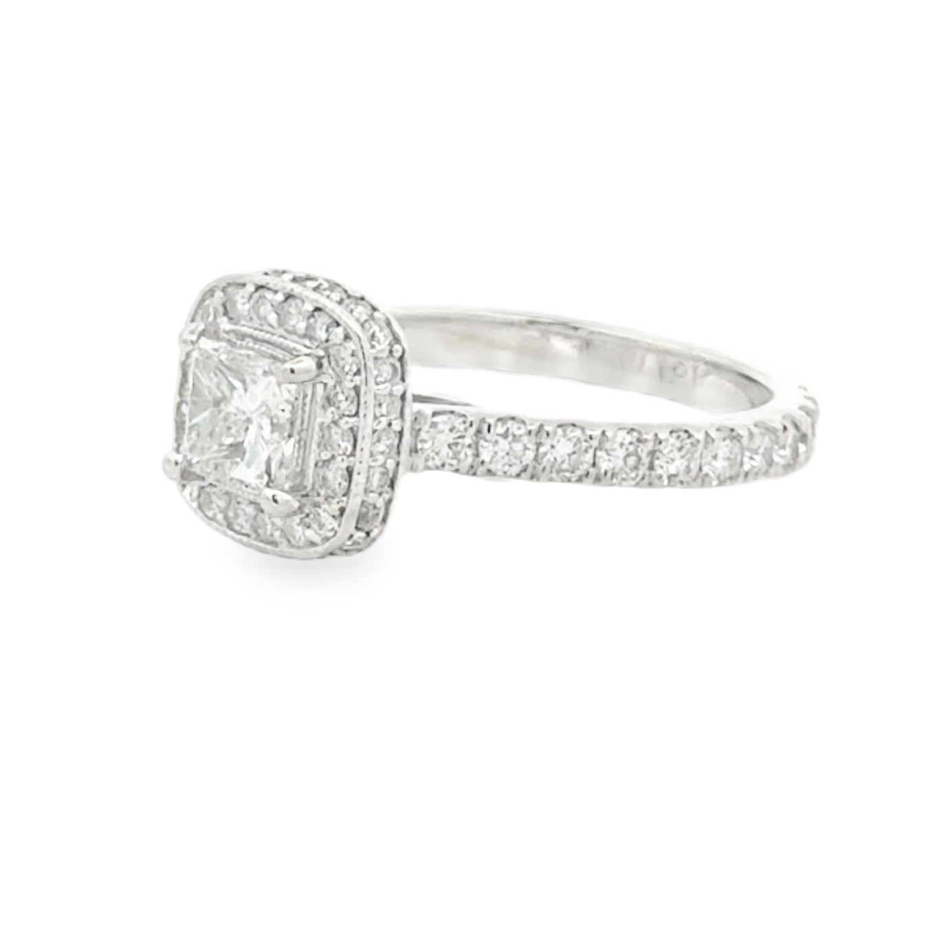 18k White Gold 0.72ct Princess Cut Diamond Halo Engagement Ring — side profile showing the band