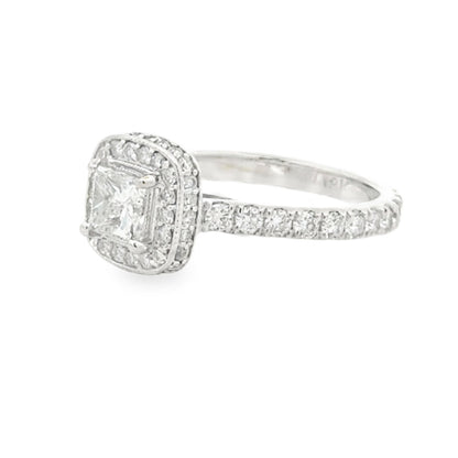 18k White Gold 0.72ct Princess Cut Diamond Halo Engagement Ring — side profile showing the band