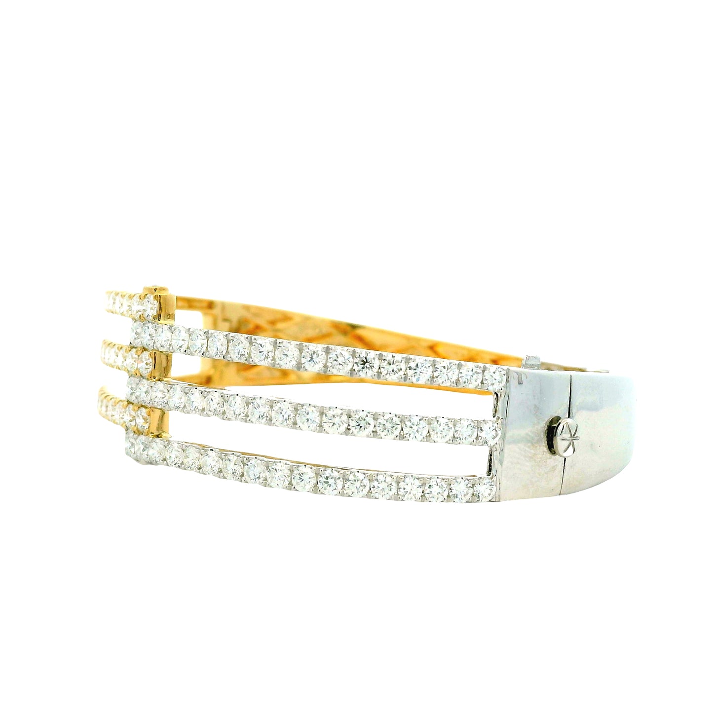 18k White and Yellow Gold 5.21ctw Round Brilliant Diamond Two-Tone Bangle Bracelet — side profile