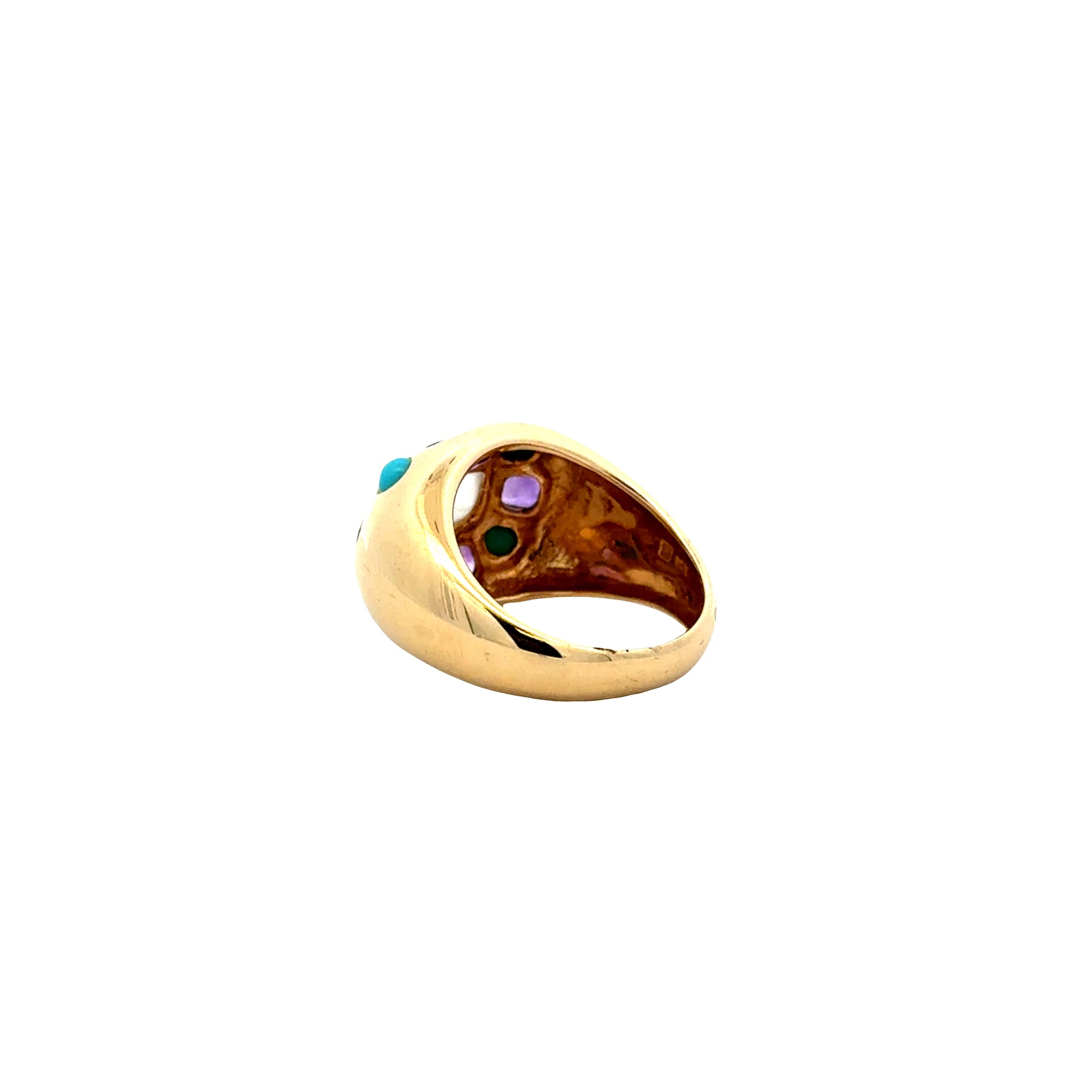 14k Yellow Gold Amethyst and Turquoise Cluster Dome Cocktail Ring — side profile showing the band