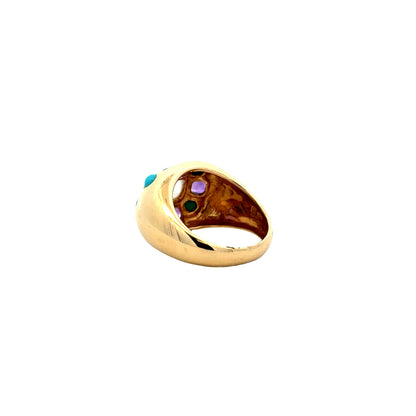 14k Yellow Gold Amethyst and Turquoise Cluster Dome Cocktail Ring — side profile showing the band