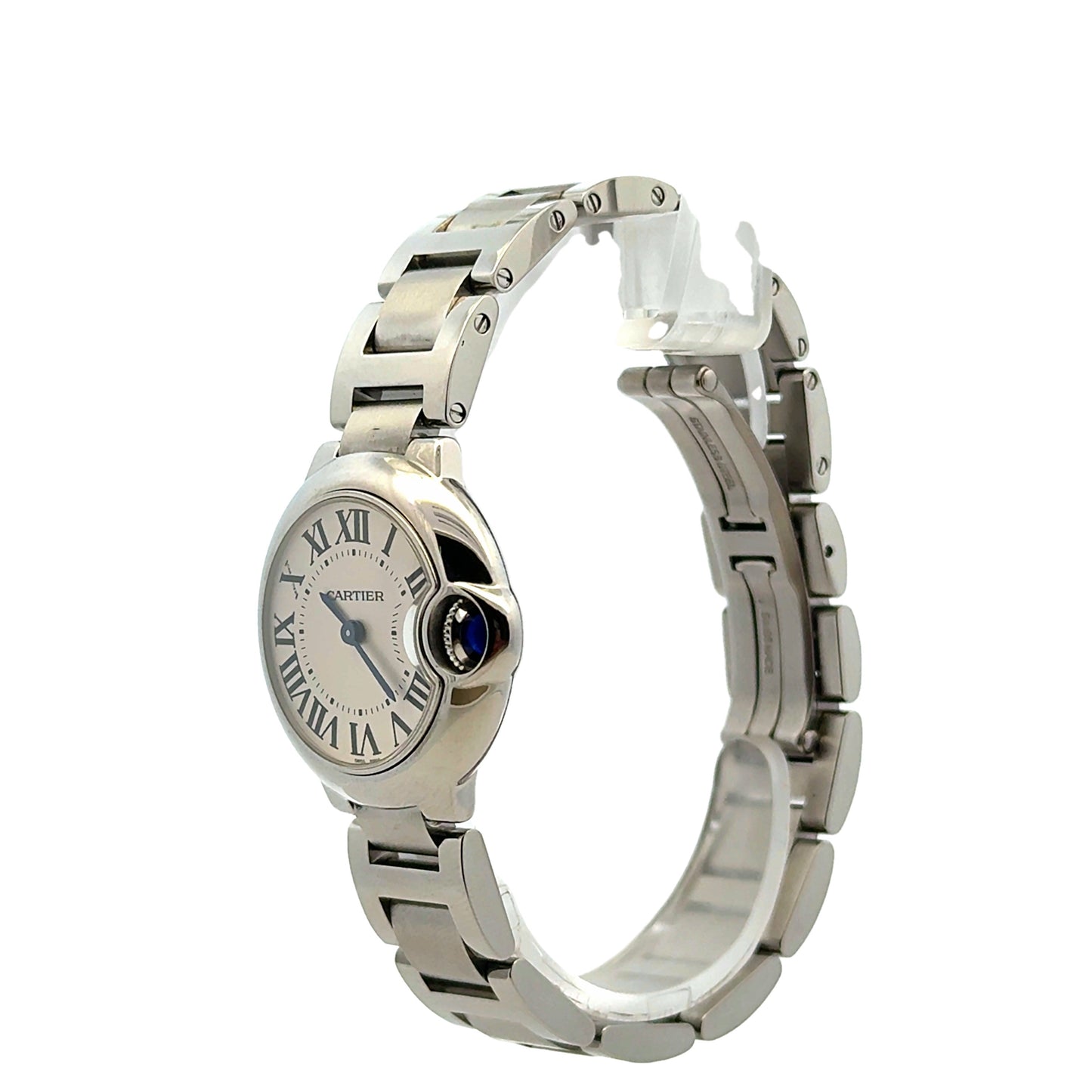 Cartier Ballon Bleu 28mm White Dial Stainless Steel Watch — side profile showing case thickness
