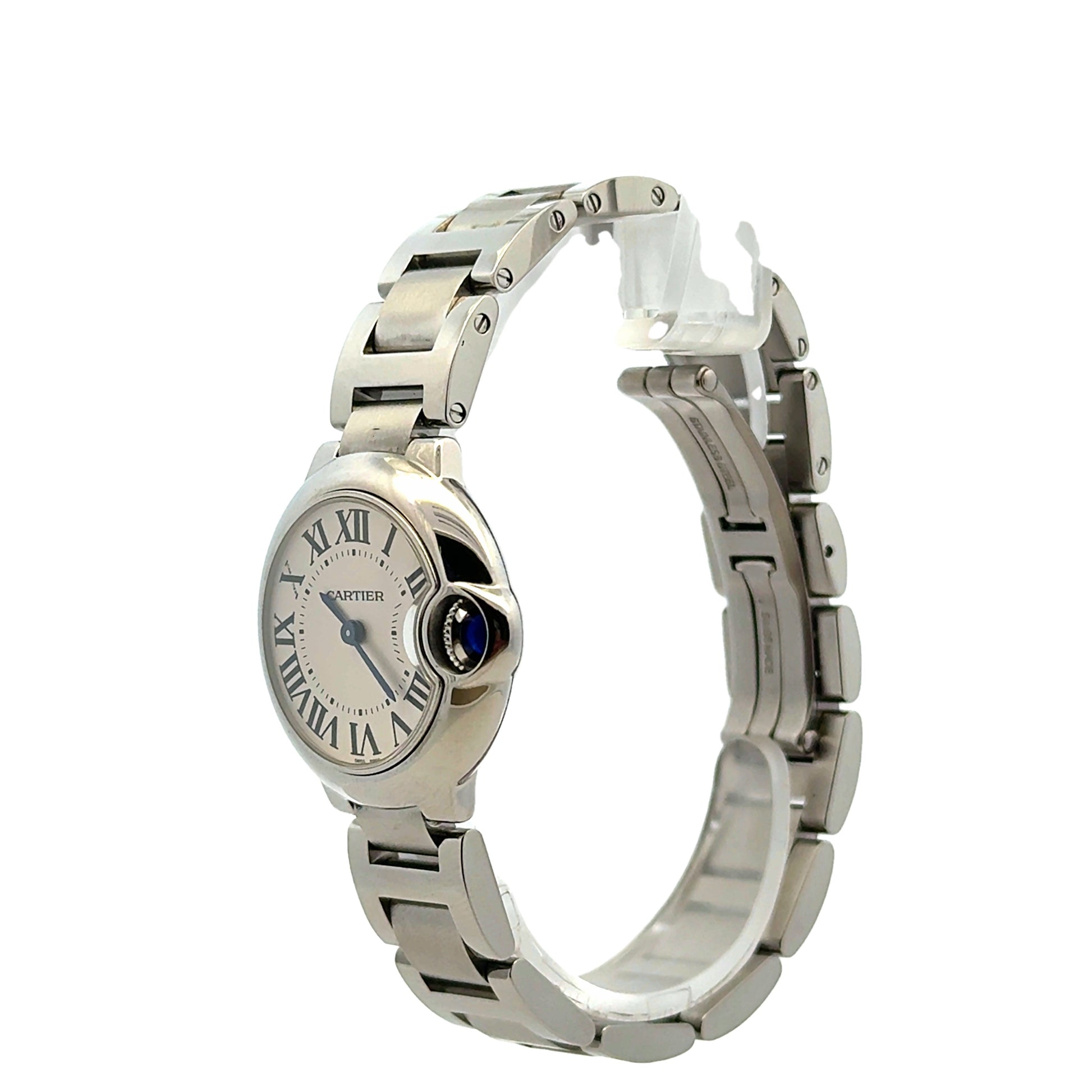 Cartier Ballon Bleu 28mm White Dial Stainless Steel Watch — side profile showing case thickness