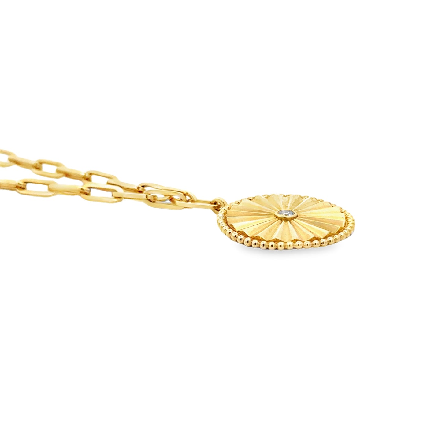 14k Yellow Gold Natural Diamond Sunburst Bezel Pendant Necklace — side profile