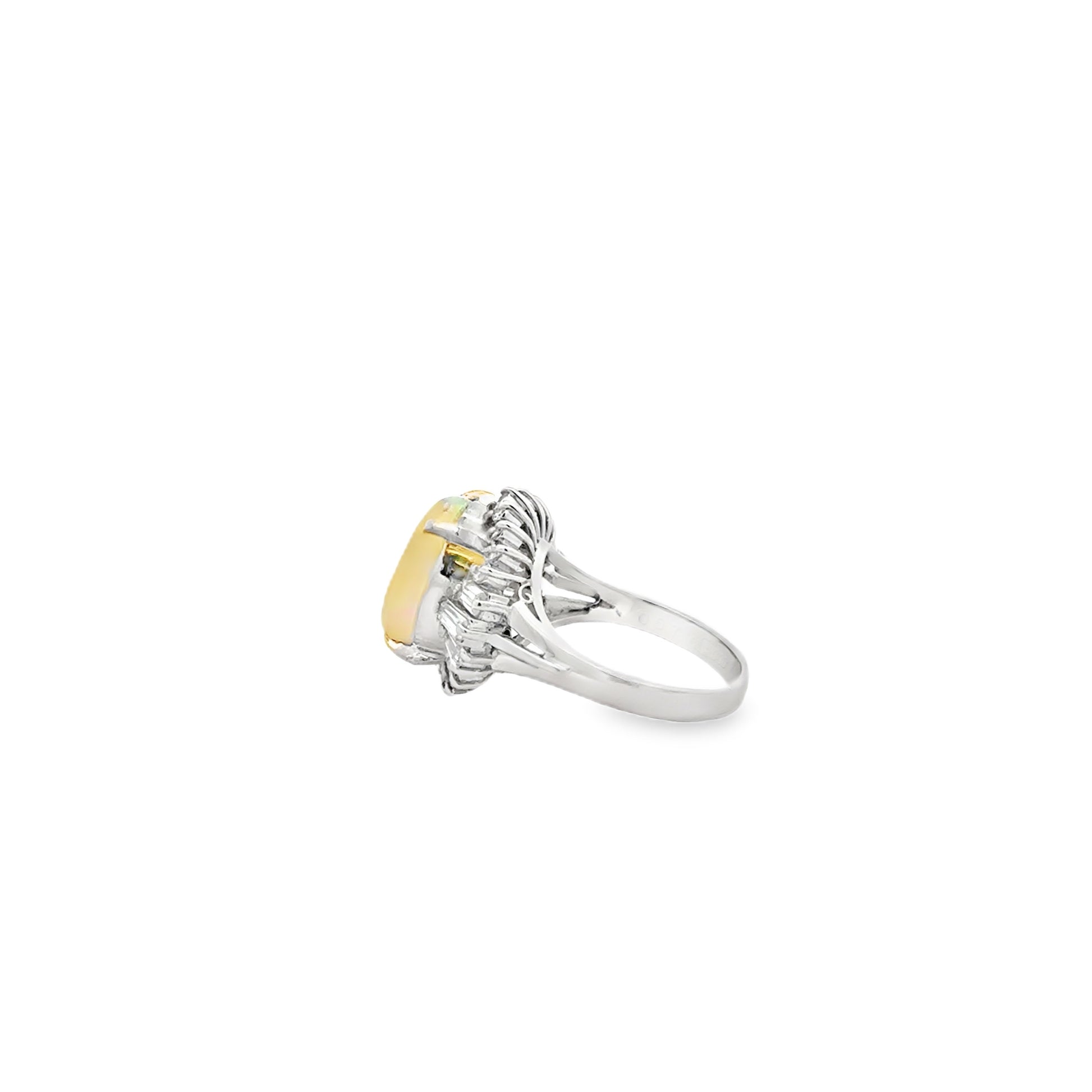 Platinum Opal and Diamond Halo Ring — side profile showing the band