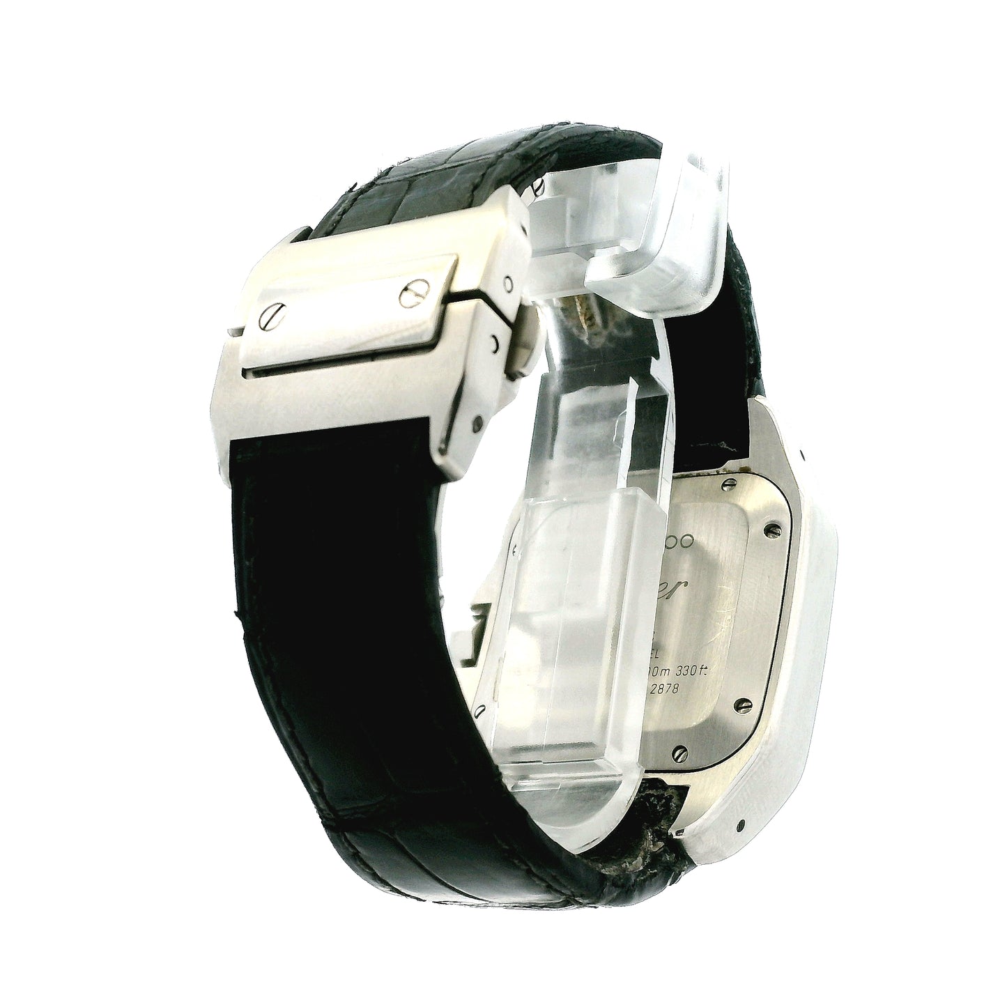 Cartier Santos 35.6mm Roman Numeral Black Strap Stainless Steel Watch — side profile showing case thickness