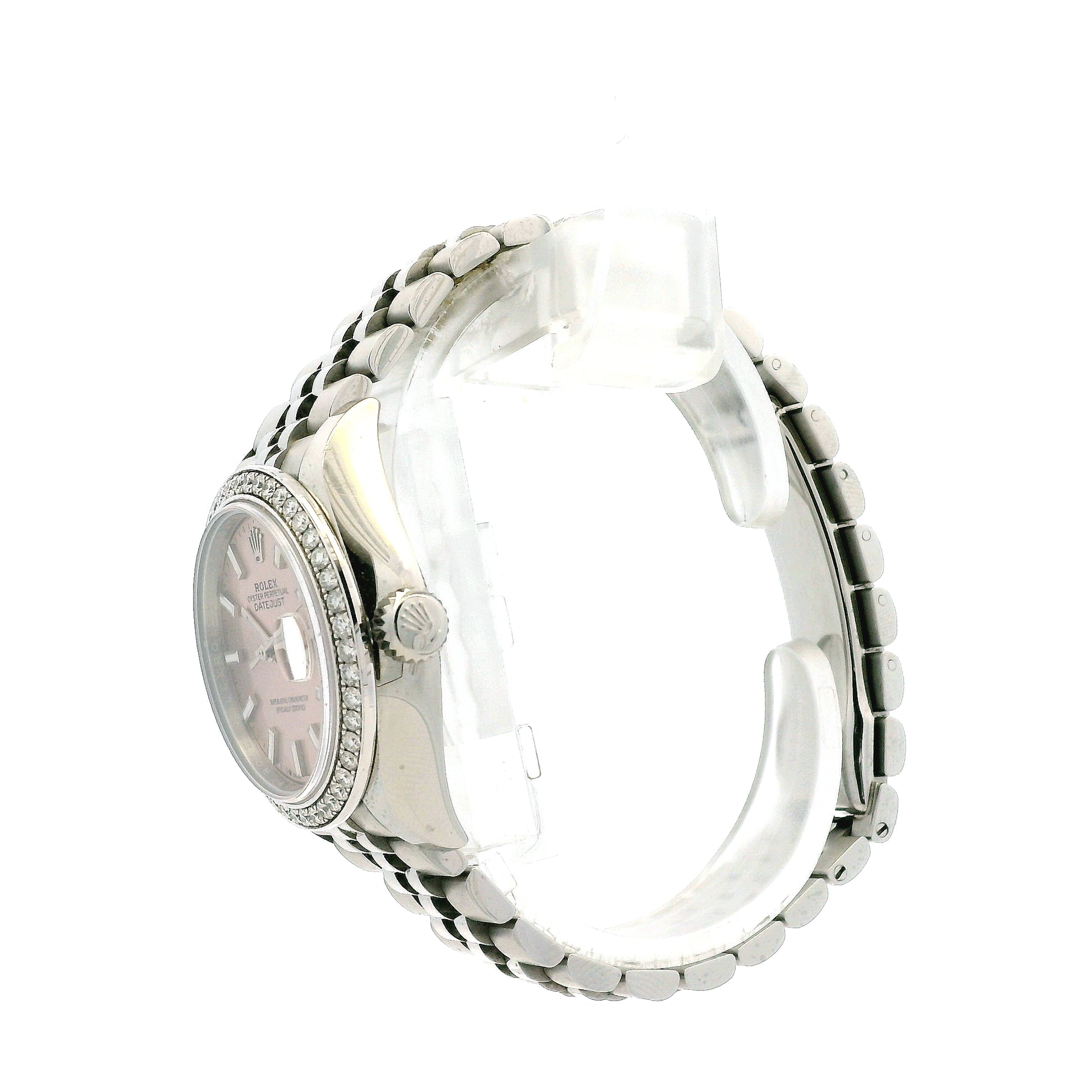 Rolex 279384RBR Datejust 28mm Pink Dial Diamond Bezel Stainless Steel Watch — side profile showing case thickness