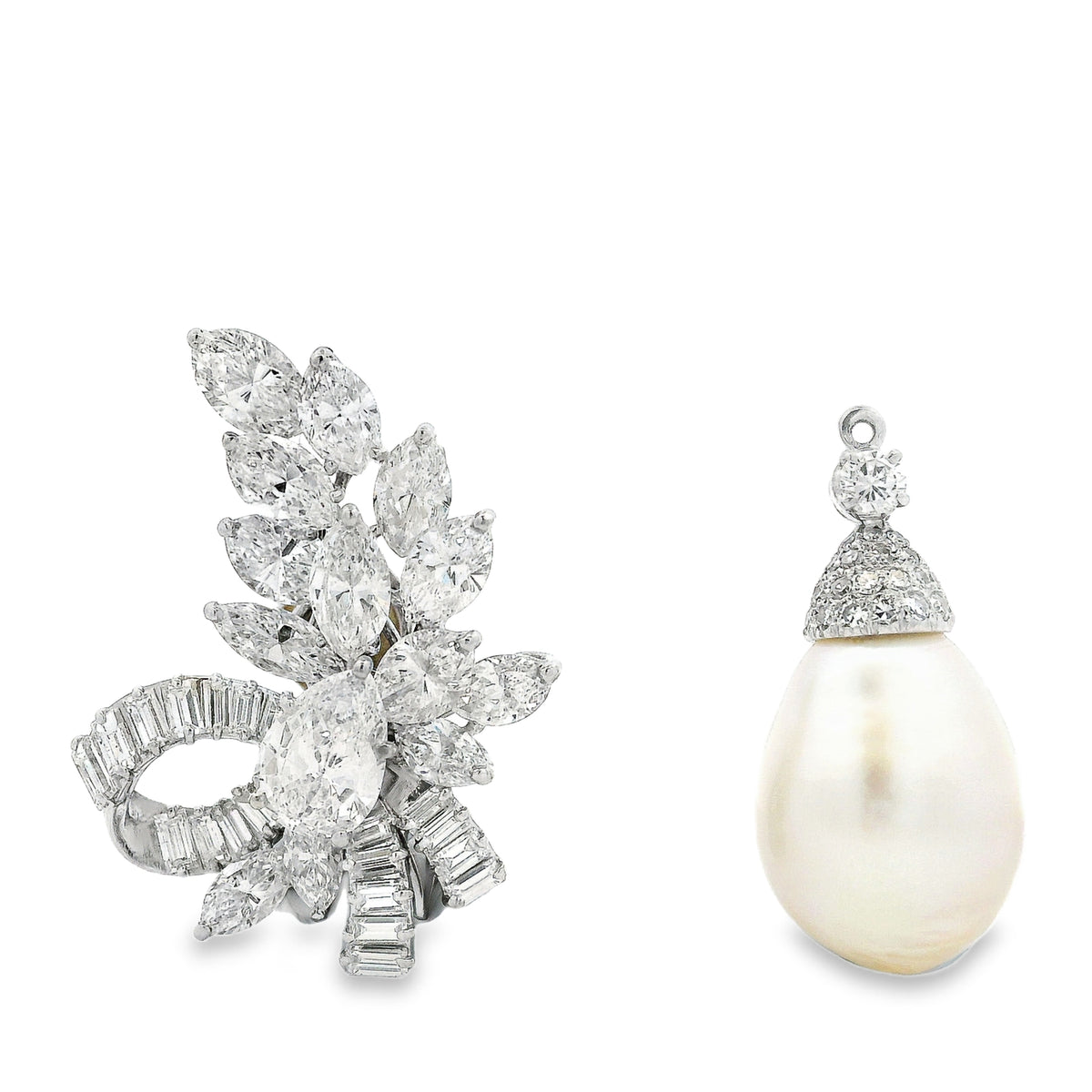 18k White Gold 15ctw Marquise Pear and Baguette Diamond Natural Drop Pearl Clip-On Earrings — side profile