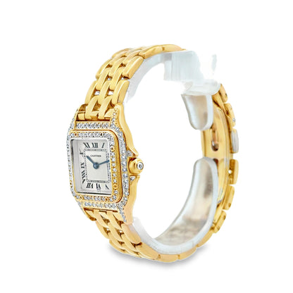Cartier Mini Panthere 18k Yellow Gold Diamond Bezel Roman Numeral Watch — side profile showing case thickness