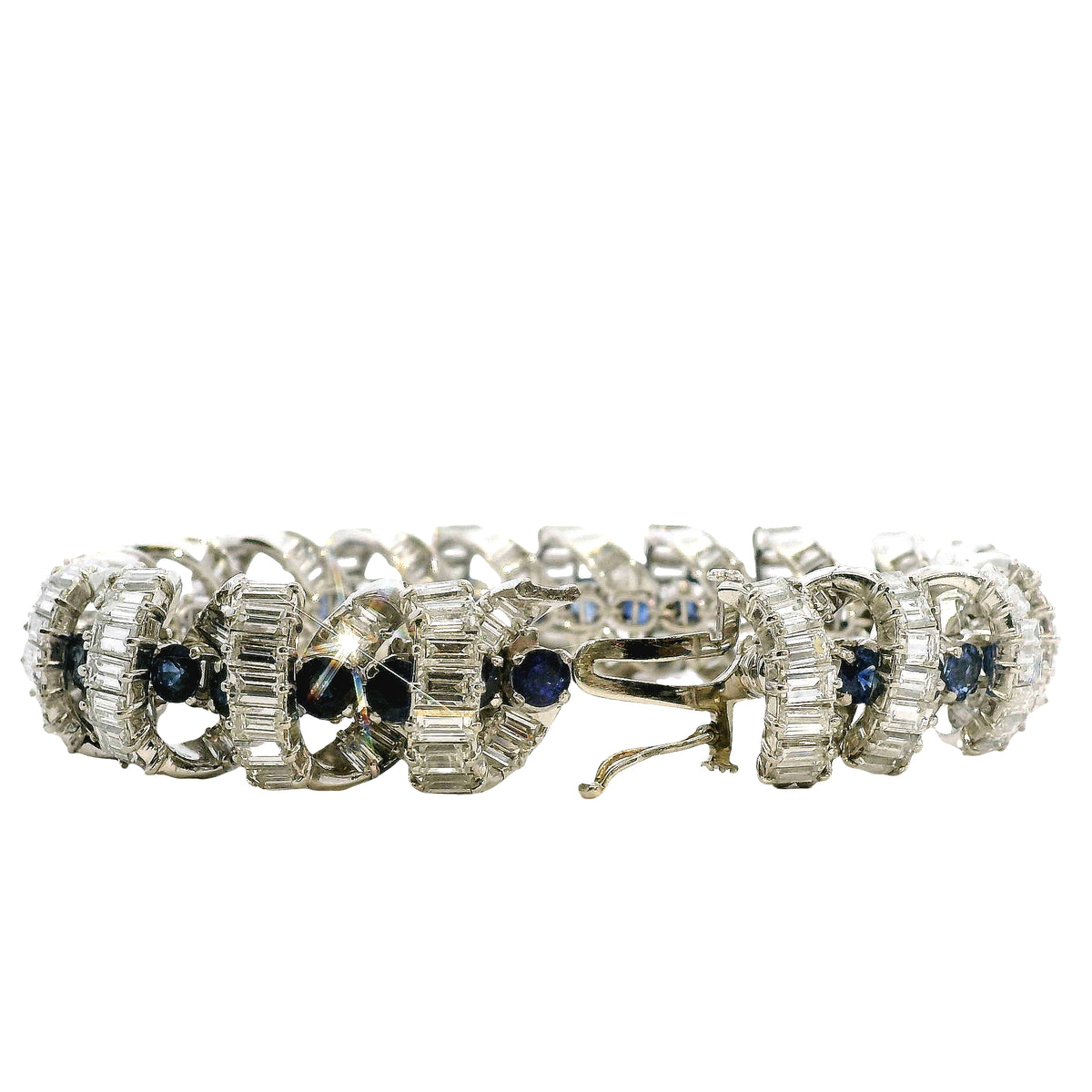 Platinum 25ctw Baguette Cut Diamond and Natural Blue Sapphire Interlocking Link Statement Bracelet — side profile