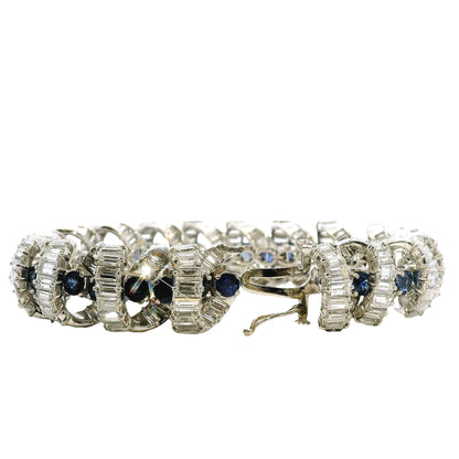 Platinum 25ctw Baguette Cut Diamond and Natural Blue Sapphire Interlocking Link Statement Bracelet — side profile