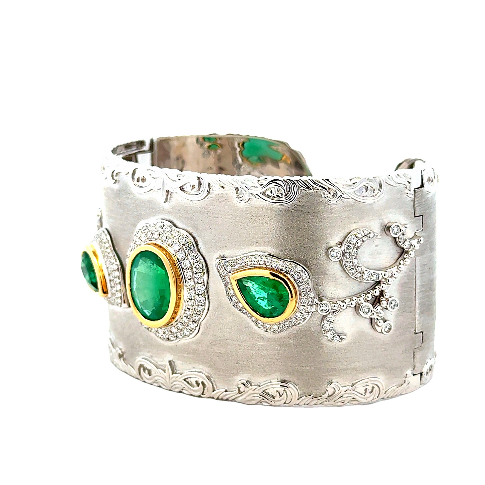 18k White Gold GIA Certified 6.72ct in Three Natural Emeralds and 1.98ctw Round Diamonds Hinged Cuff Bangle… — side profile