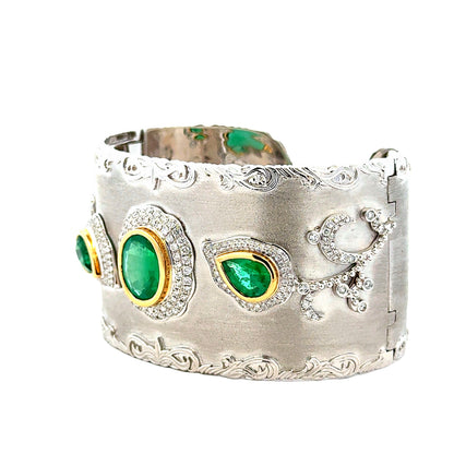 18k White Gold GIA Certified 6.72ct in Three Natural Emeralds and 1.98ctw Round Diamonds Hinged Cuff Bangle… — side profile