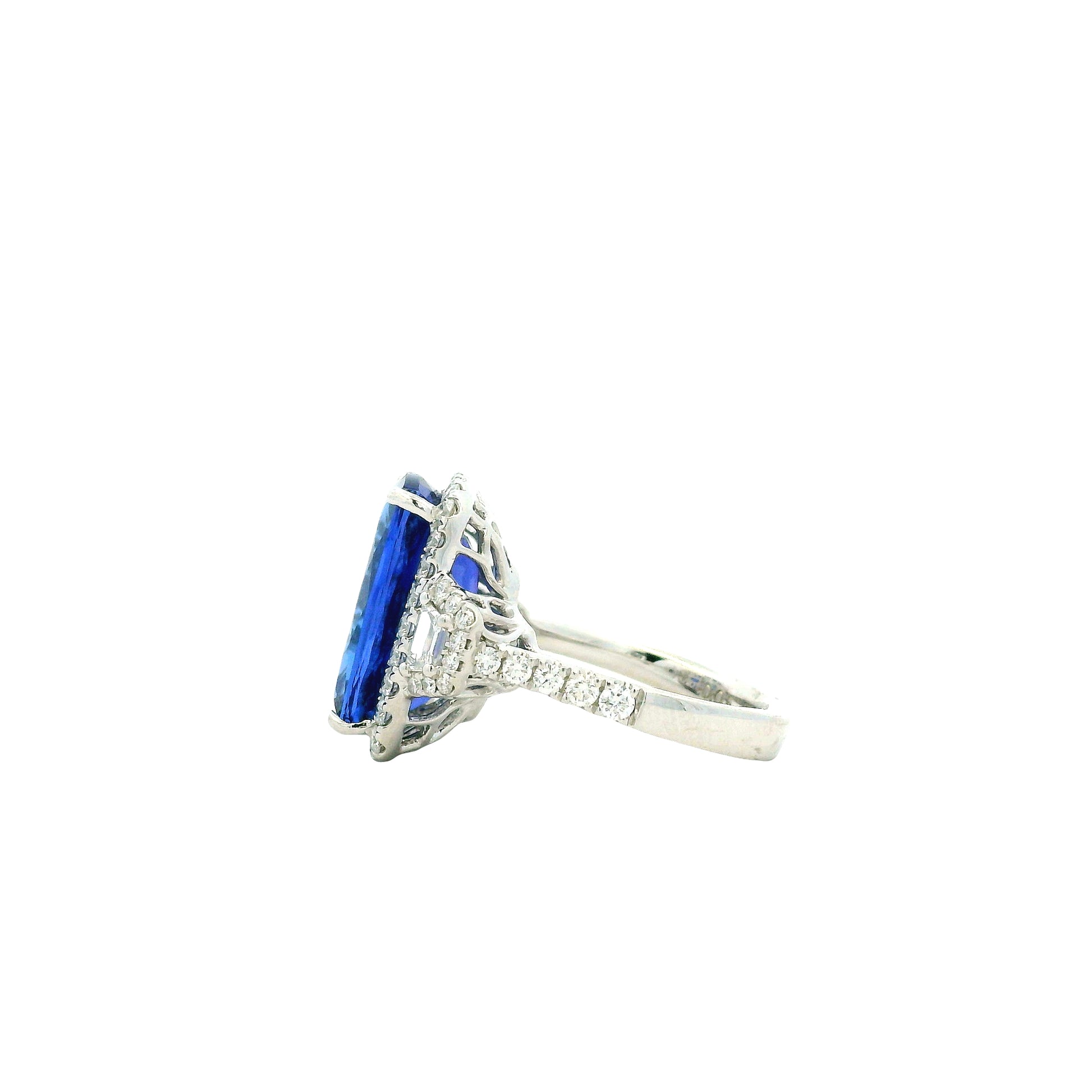 Platinum 9.35ct Cushion Cut Tanzanite and Diamond Halo Cocktail Ring — side profile