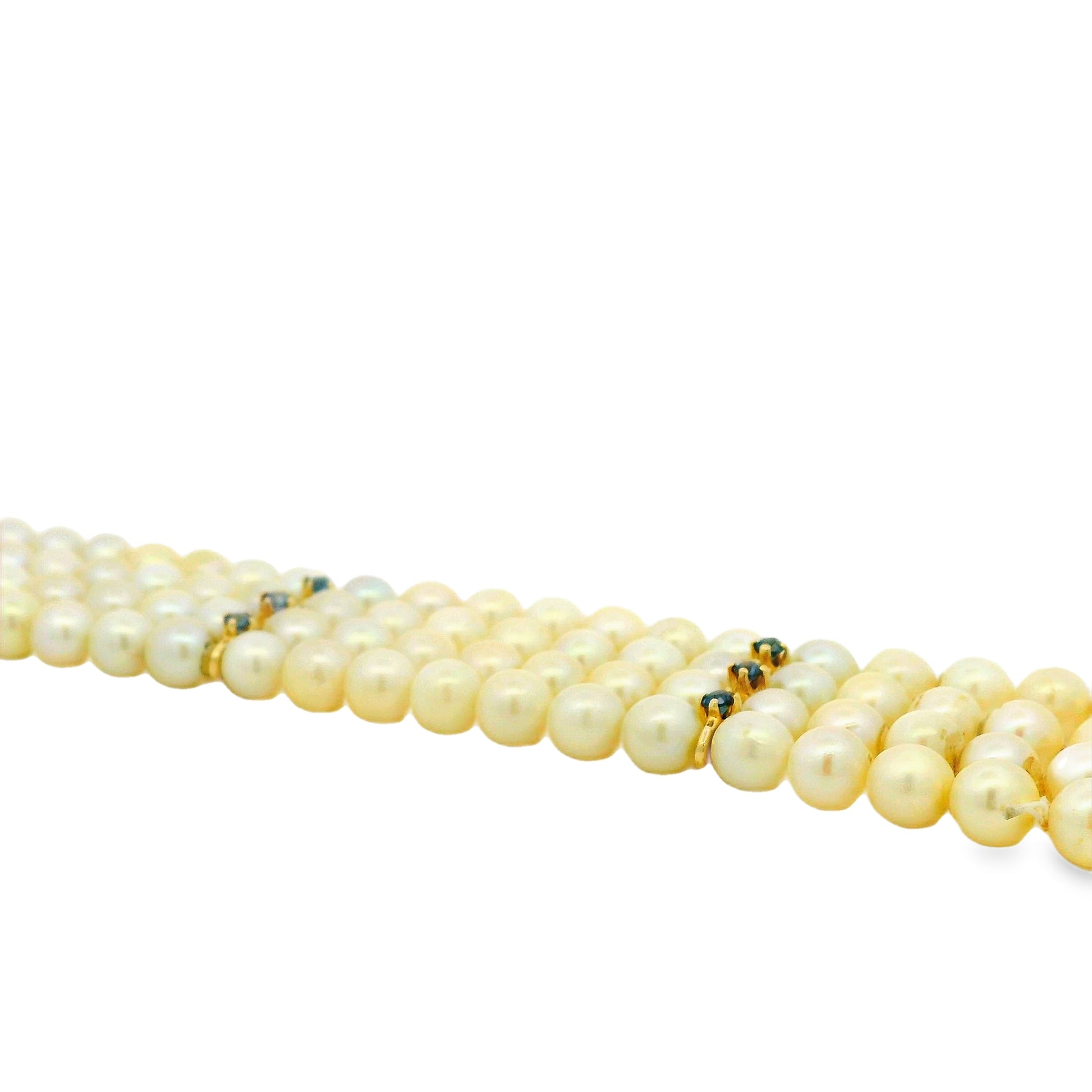 14k Yellow Gold 4-Strand Natural Pearl Bracelet with Opal and Natural Sapphire Cluster… — side profile showing the band