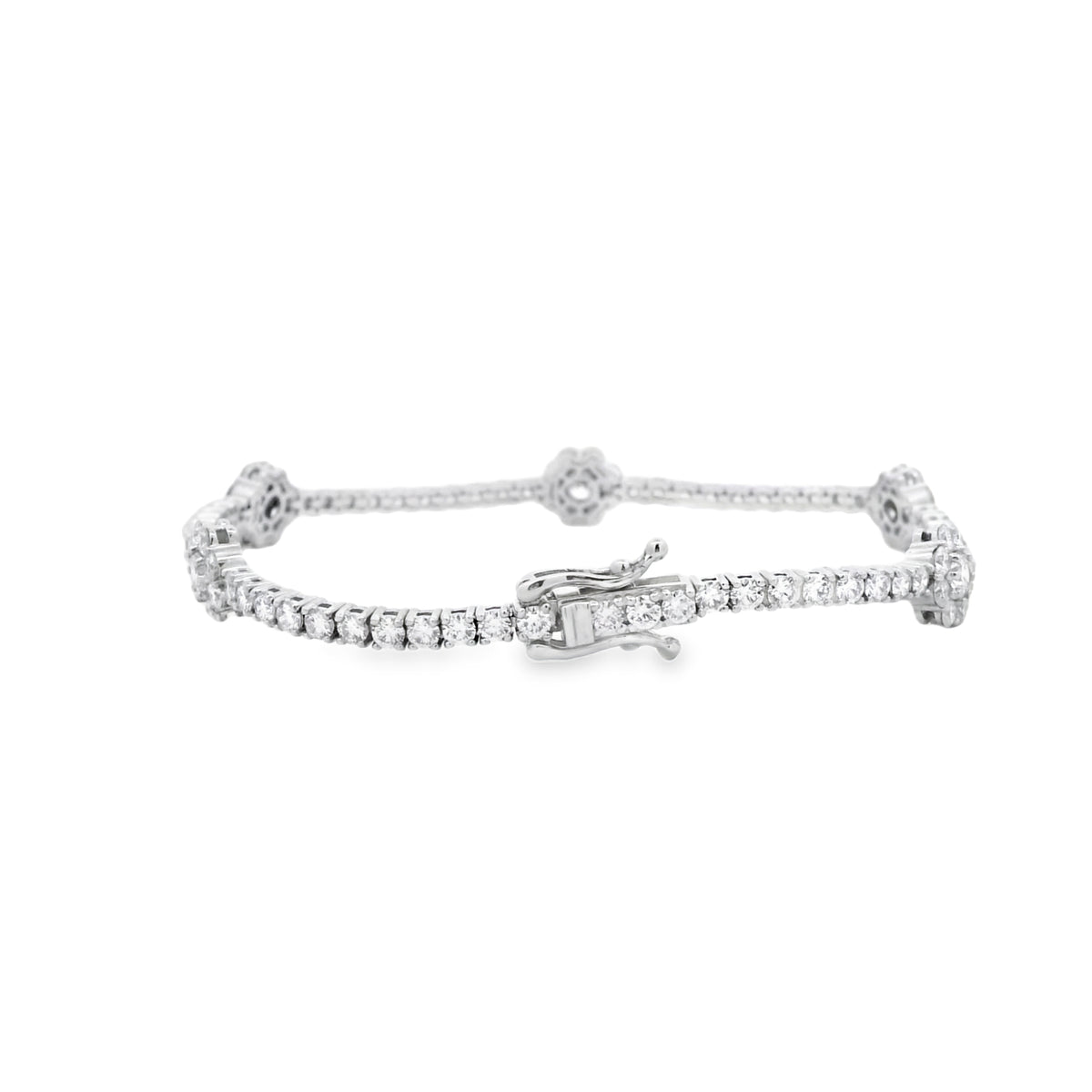14k White Gold 4.85ctw Round Brilliant Diamond Flower Cluster Tennis Bracelet — side profile