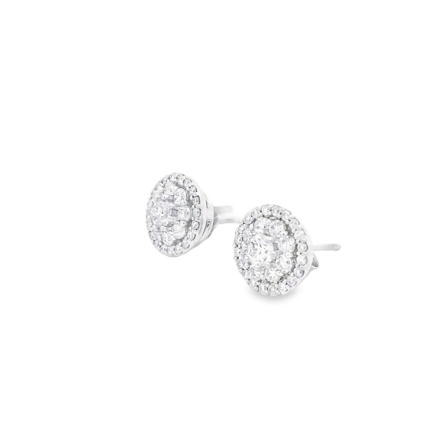 18k White Gold 1.3ctw Round Brilliant Diamond Cluster Stud Earrings — side profile showing the band