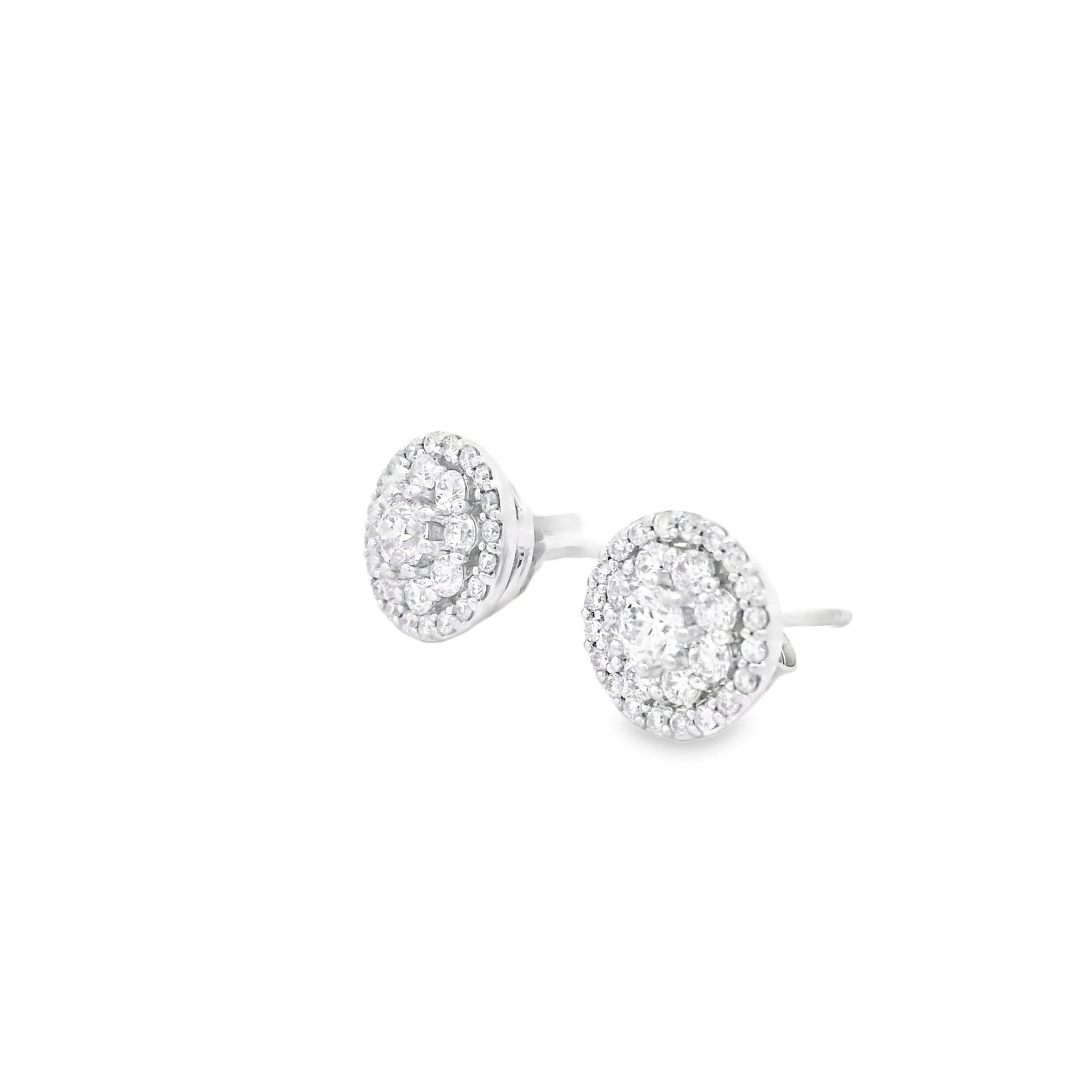 18k White Gold 1.3ctw Round Brilliant Diamond Cluster Stud Earrings — side profile showing the band