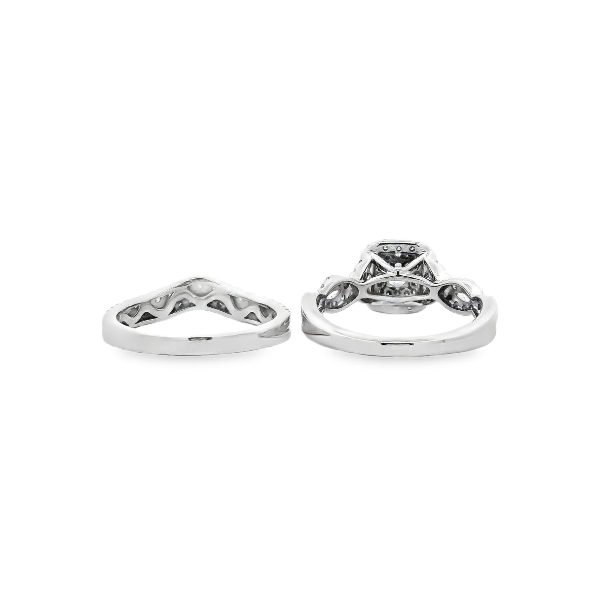 14k White Gold 0.30ct Princess Cut Diamond Double Halo and Wedding Band Engagement Ring Set — side profile showing the band
