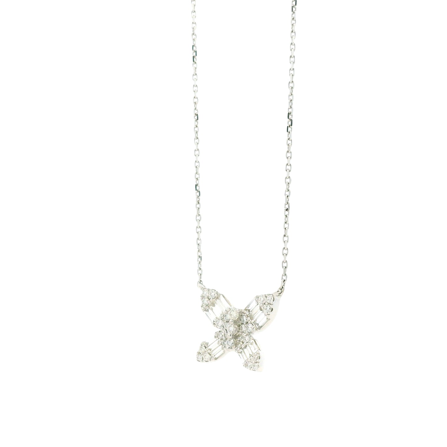 18k White Gold 0.79ctw Natural Round & Baguette Diamond Butterfly Pendant Necklace — clasp detail