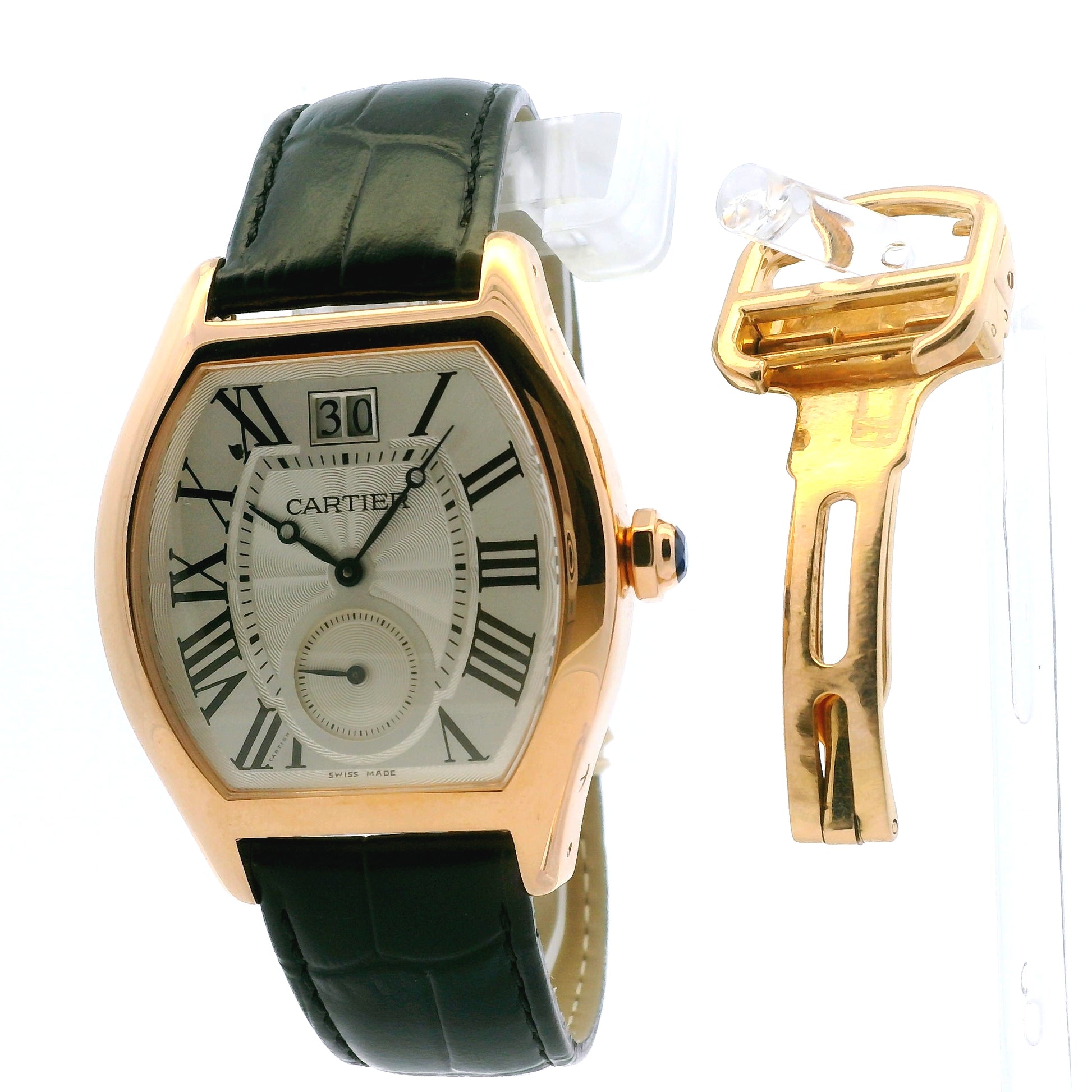 Cartier Tortue 18k Rose Gold 38mm Silver Dial Black Strap Watch — side profile showing case thickness
