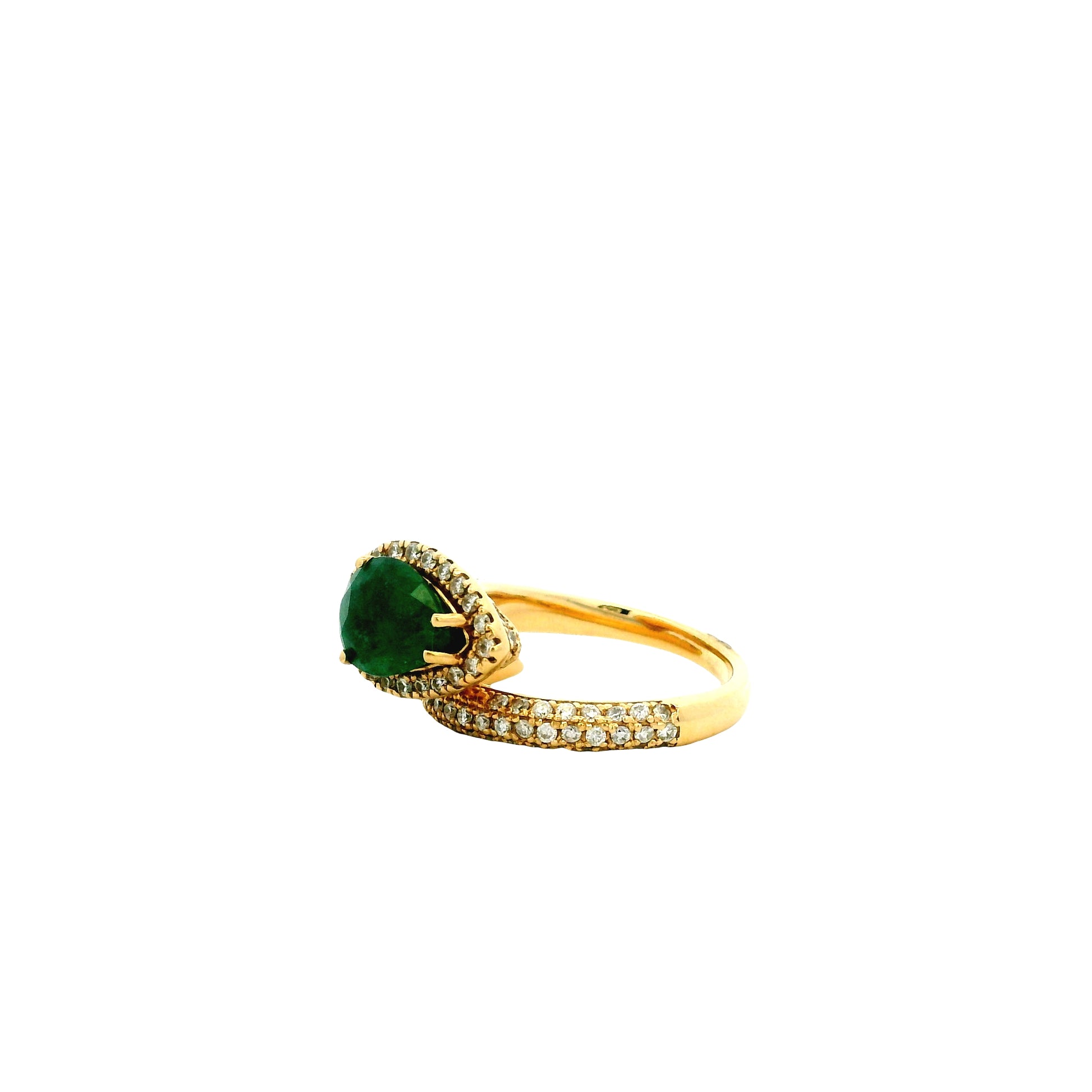 14k Yellow Gold 1.23ct Pear Cut Natural Emerald and 1.15ctw Diamond Halo Pavé Crossover Ring — side profile showing the band