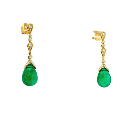 18k Yellow Gold GIA Certified 14.91ct Natural Emerald and 0.44ctw Round Diamond Dangle Earrings — side profile