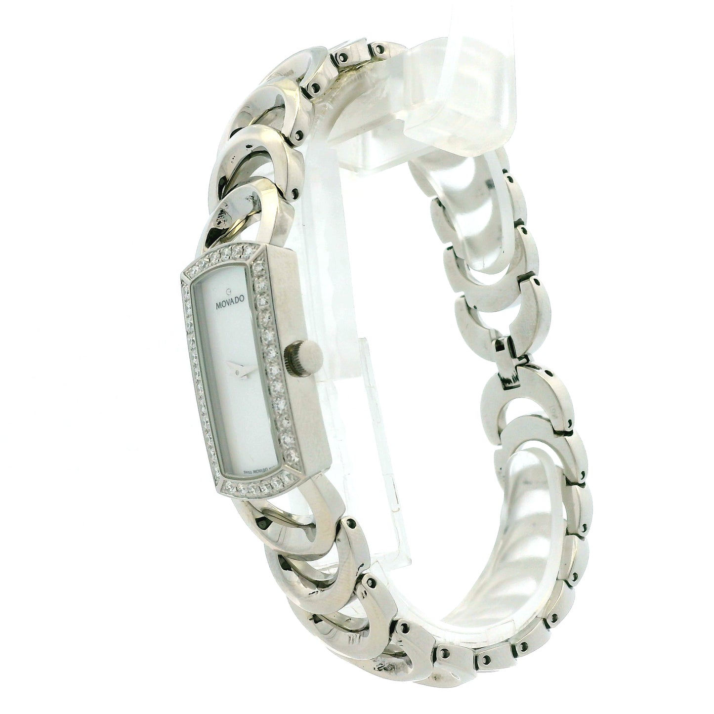 Movado Rondiro 0606007 Mother of Pearl Diamond Bezel Rectangle Stainless Steel Watch — side profile showing case thickness