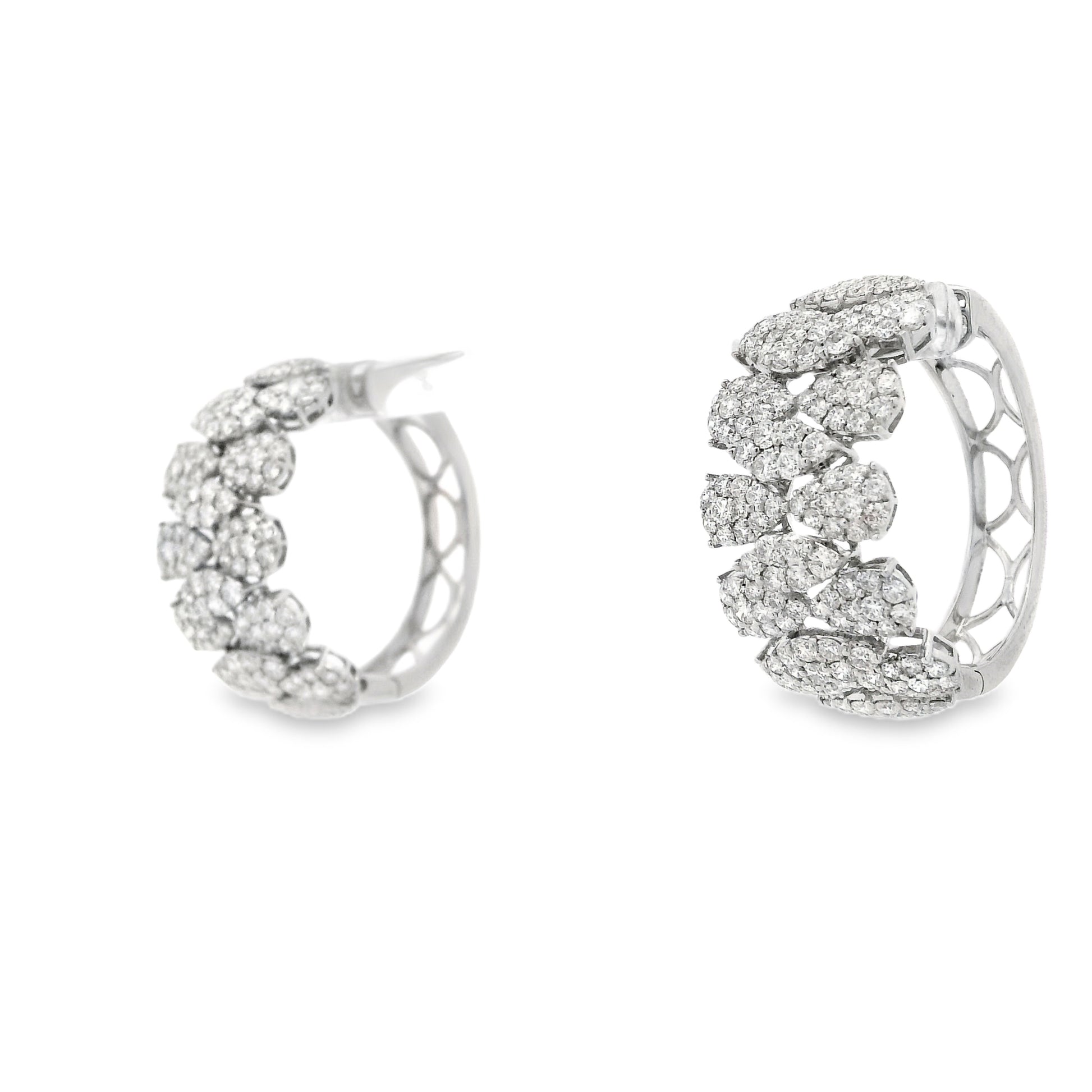 18k White Gold 5.97ctw Round Brilliant Diamond Cluster Pavé Hoop Earrings — side profile