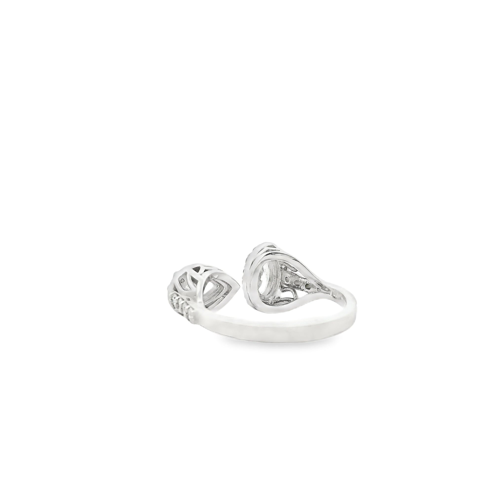 14k White Gold 1.49ctw Oval & Pear Cut Diamond Pavé Halo Toi et Moi Ring — side profile showing the band