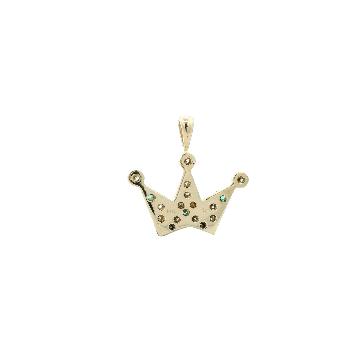 14k Yellow Gold Crown Pendant with 0.35ctw Round Brilliant Diamond & Natural Emerald Accents — side profile