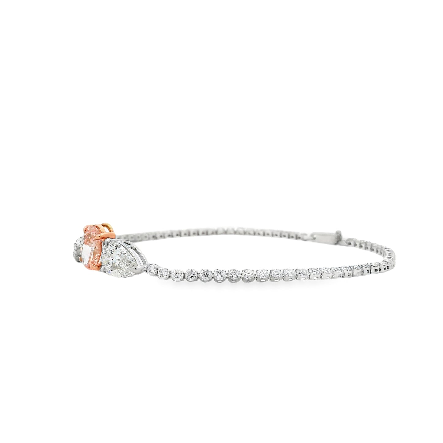 14k White and Rose Gold 4.08ctw Lab Grown Pink Oval, Pear & Round Diamond Two-Tone Tennis Bracelet — side profile